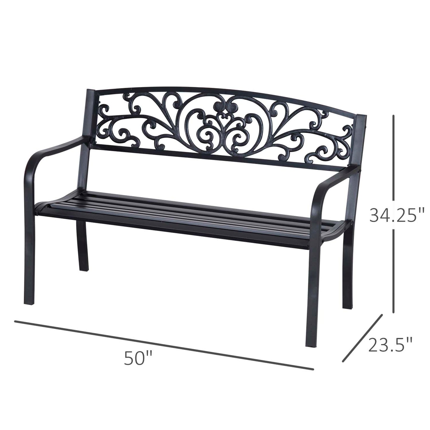 Black wrought iron garden bench with intricate scrollwork on the backrest for outdoor seating