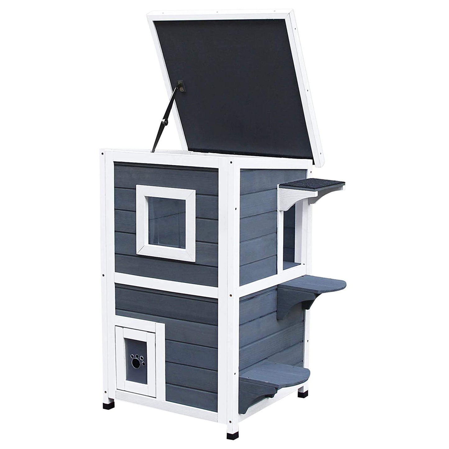 Twostory grey wooden cat house with white trim and open lid