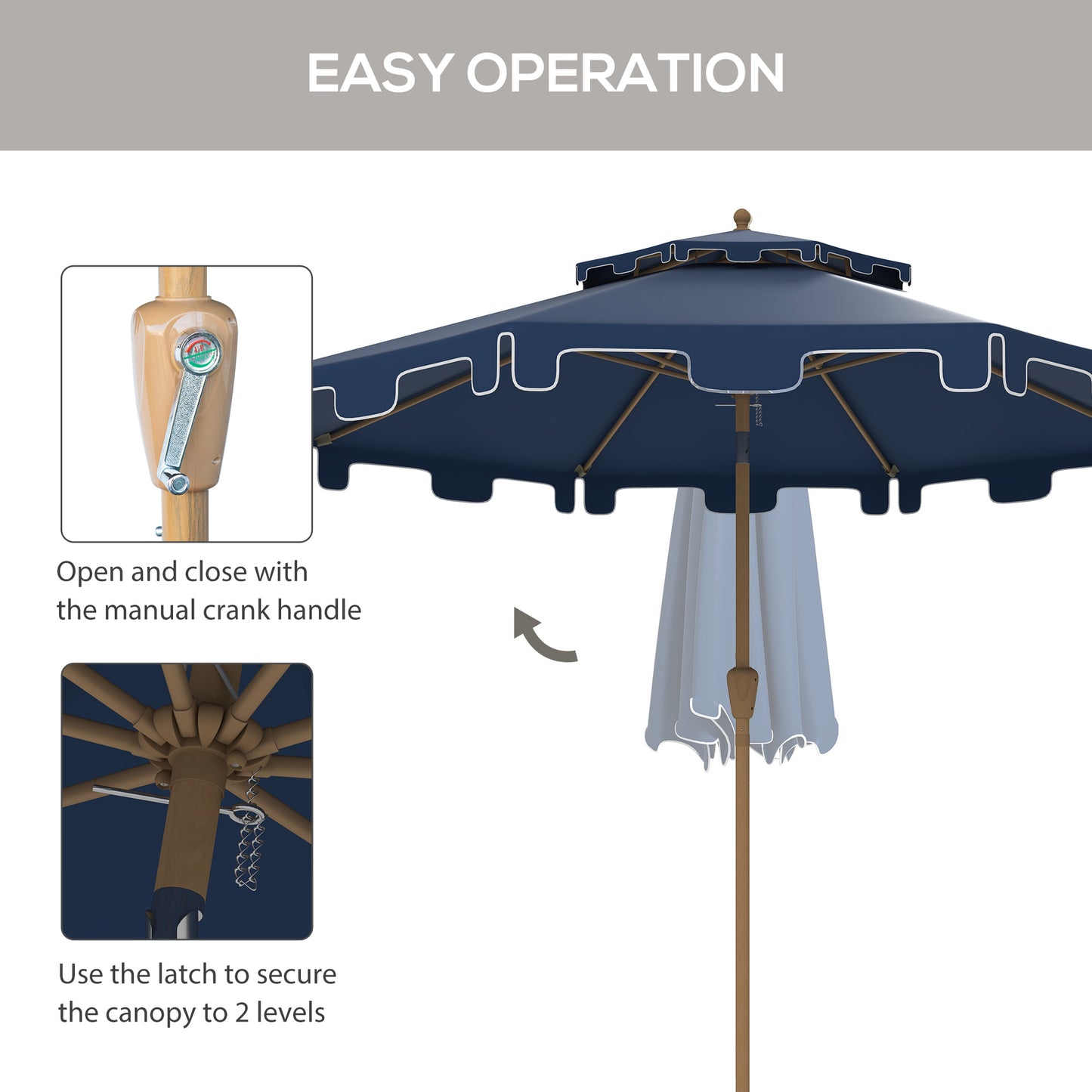 Navy patio umbrella with scalloped white trim and wooden pole with crank