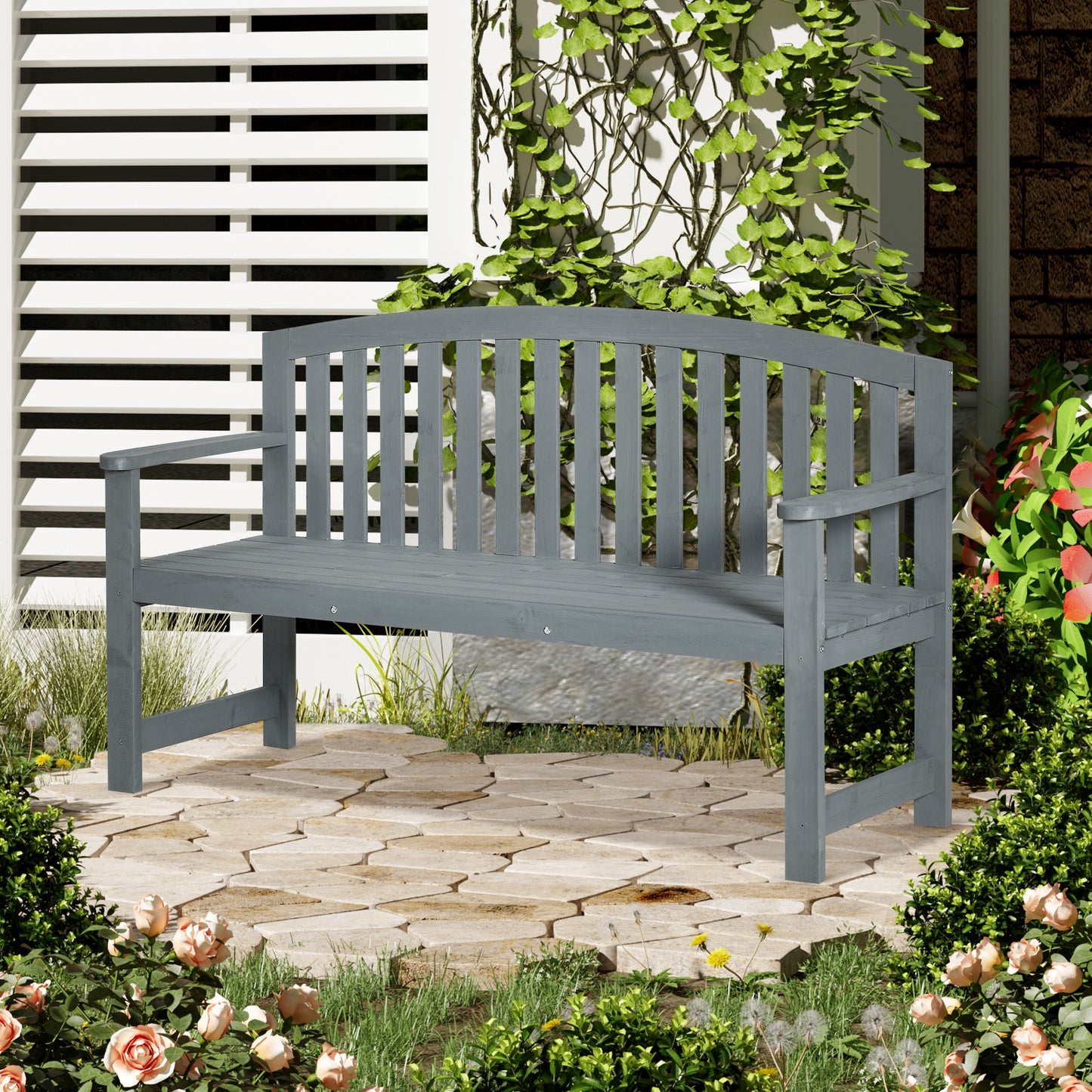 Grey wooden garden bench with slatted seat and curved backrest