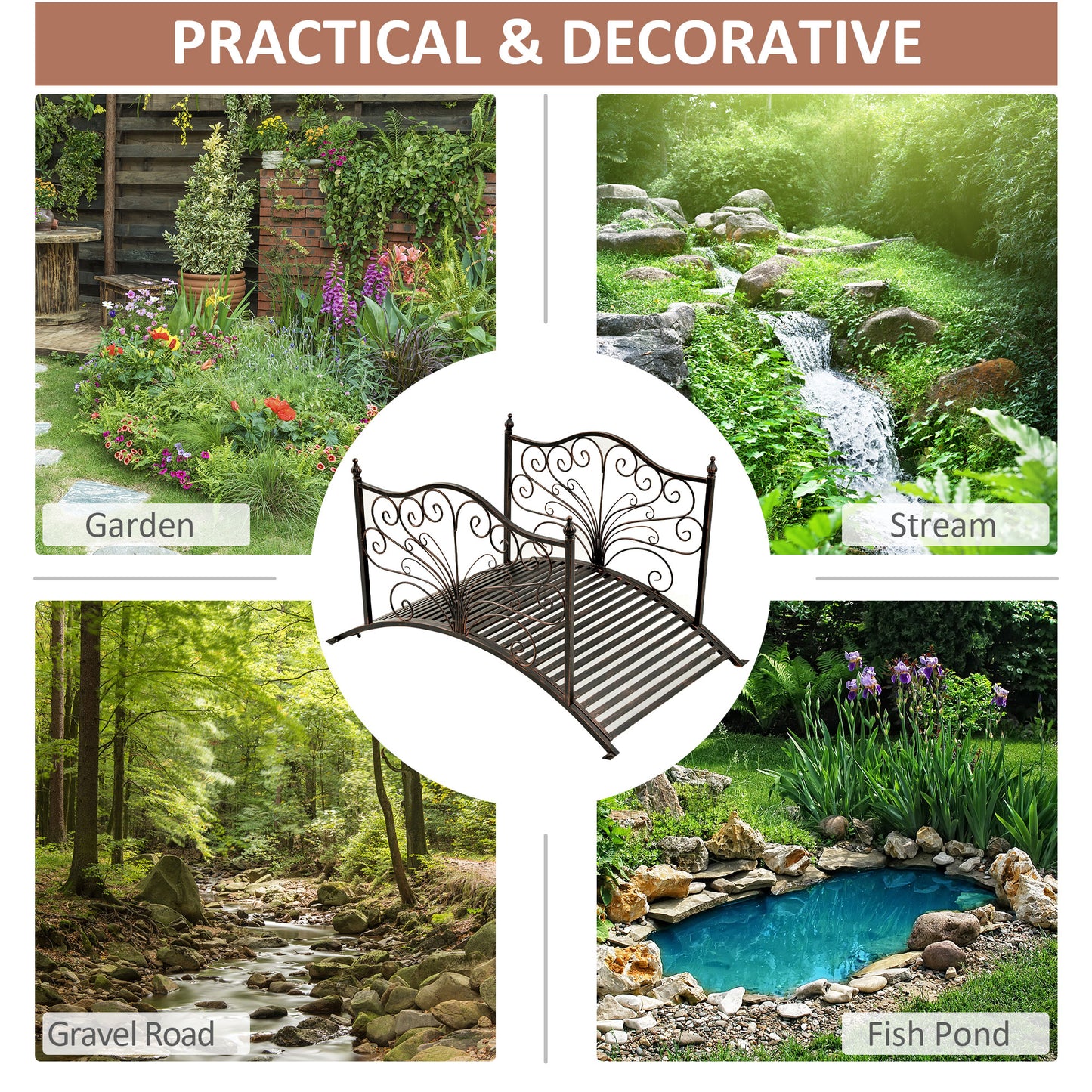 Bronze wrought iron garden bridge with ornate scrollwork perfect for crossing streams