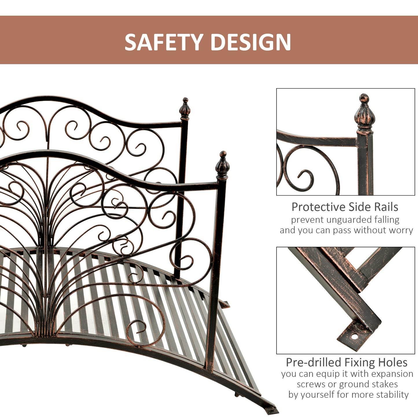 Ornate bronze metal garden bridge with scrolled detailing and safety rails