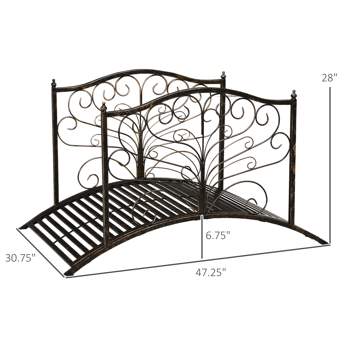 Ornate bronze metal garden bridge with decorative scrollwork L