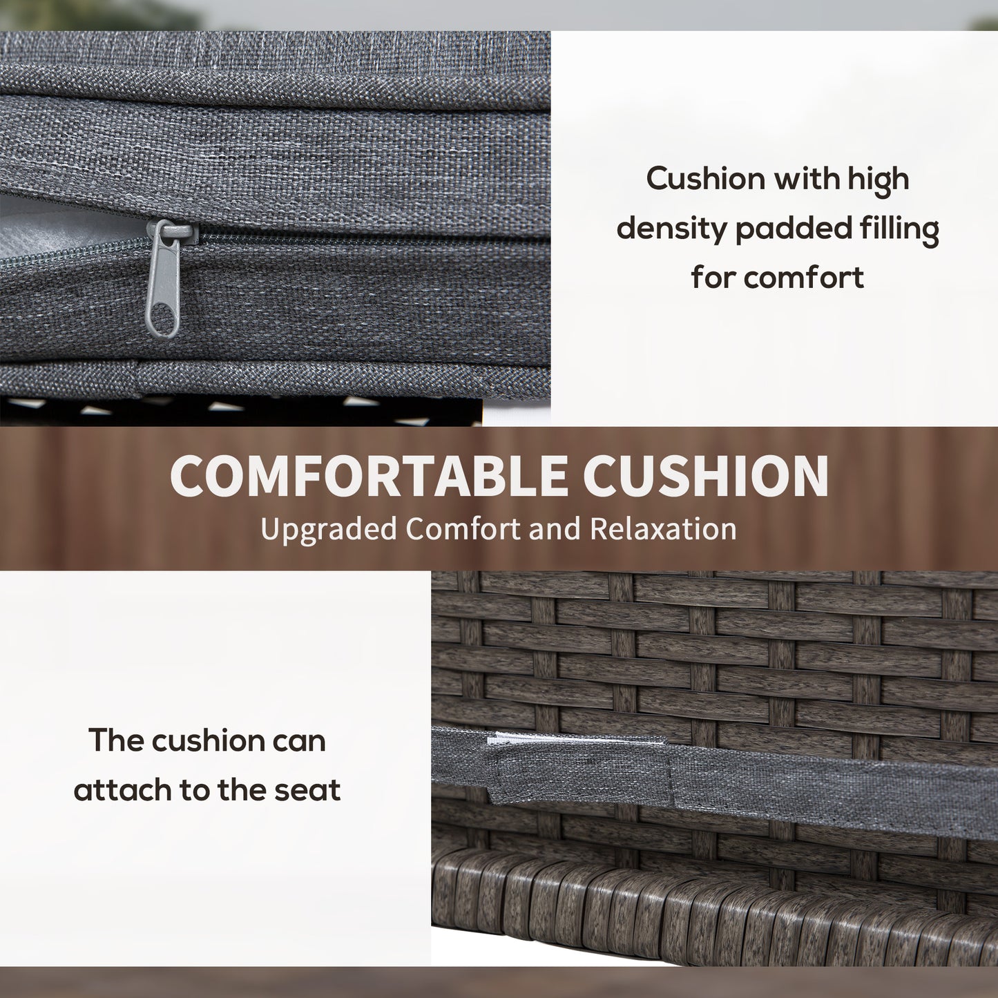 Closeup of dark gray woven cushion with visible zipper for outdoor furniture