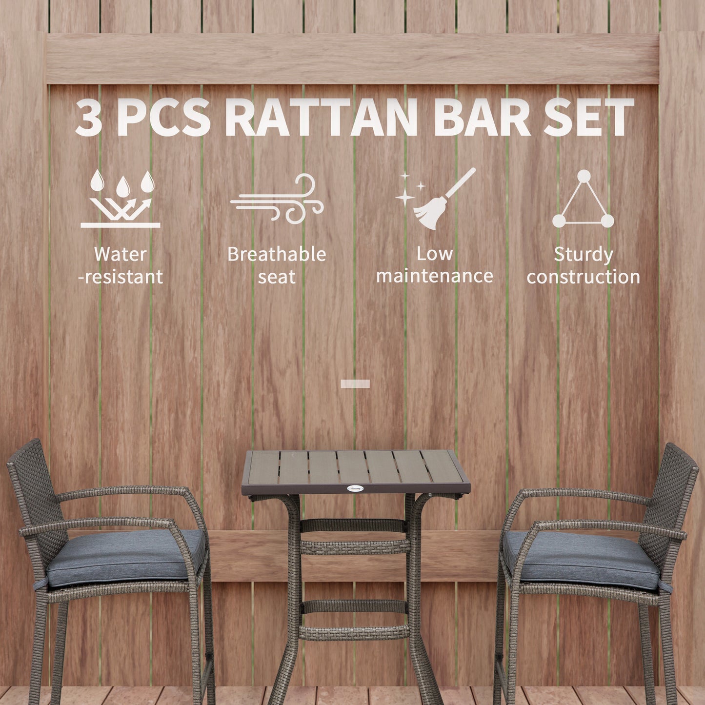 piece grey rattan bar set with cushioned stools on wooden deck