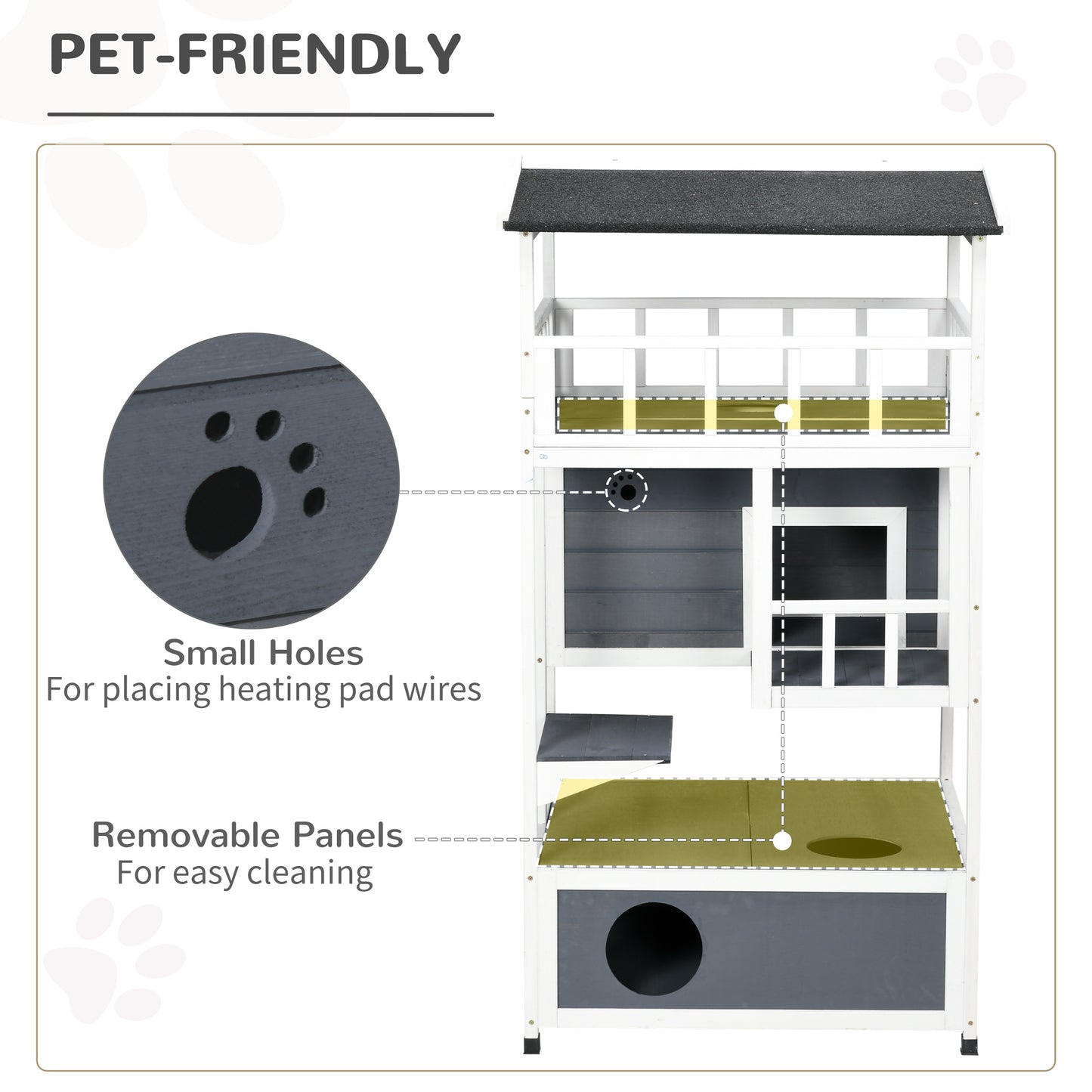 Multilevel gray and white cat condo with accessible platforms and heating pad wire holes