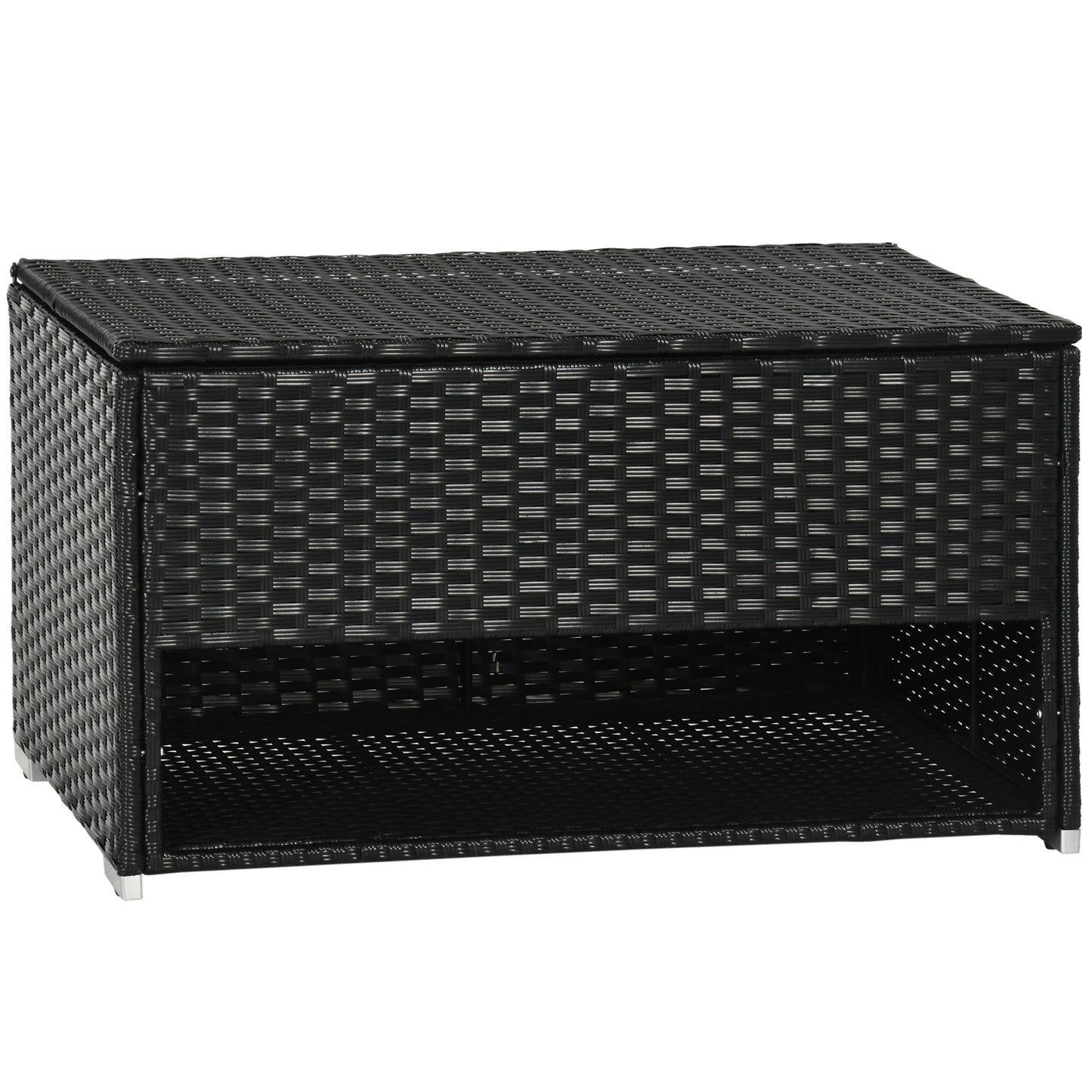 Black rattan storage bench with open shelf outdoor furniture accent