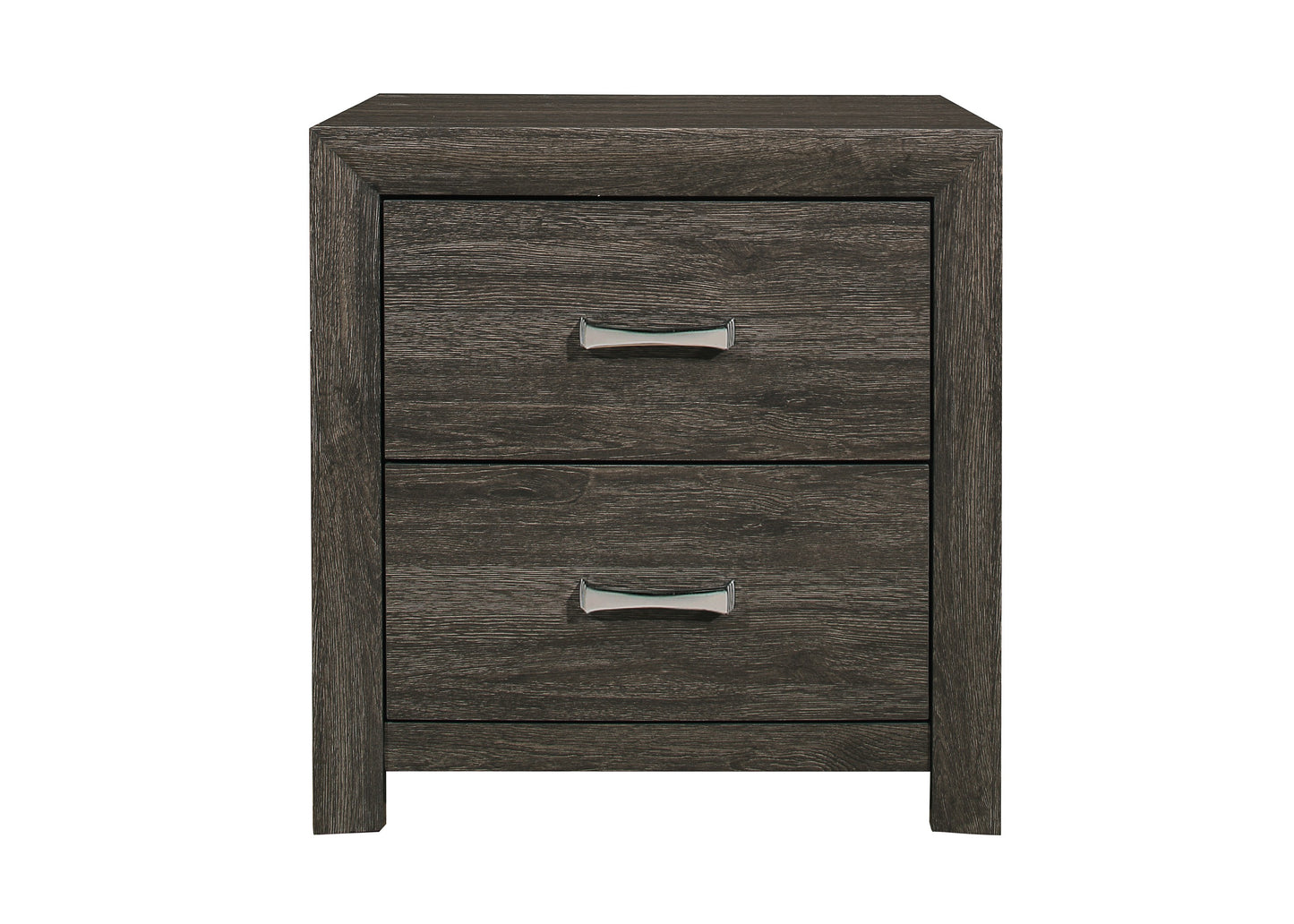 Dark gray wood grain nightstand with two drawers and silver handles