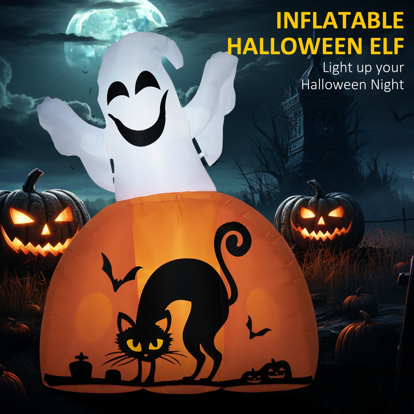Inflatable Halloween elf with ghost black cat and pumpkins at night