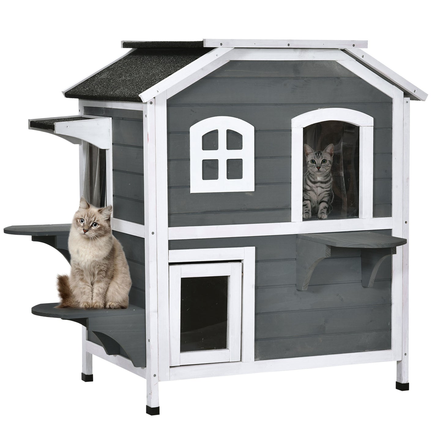 Gray and white wooden cat house with two cats enjoying outdoor living