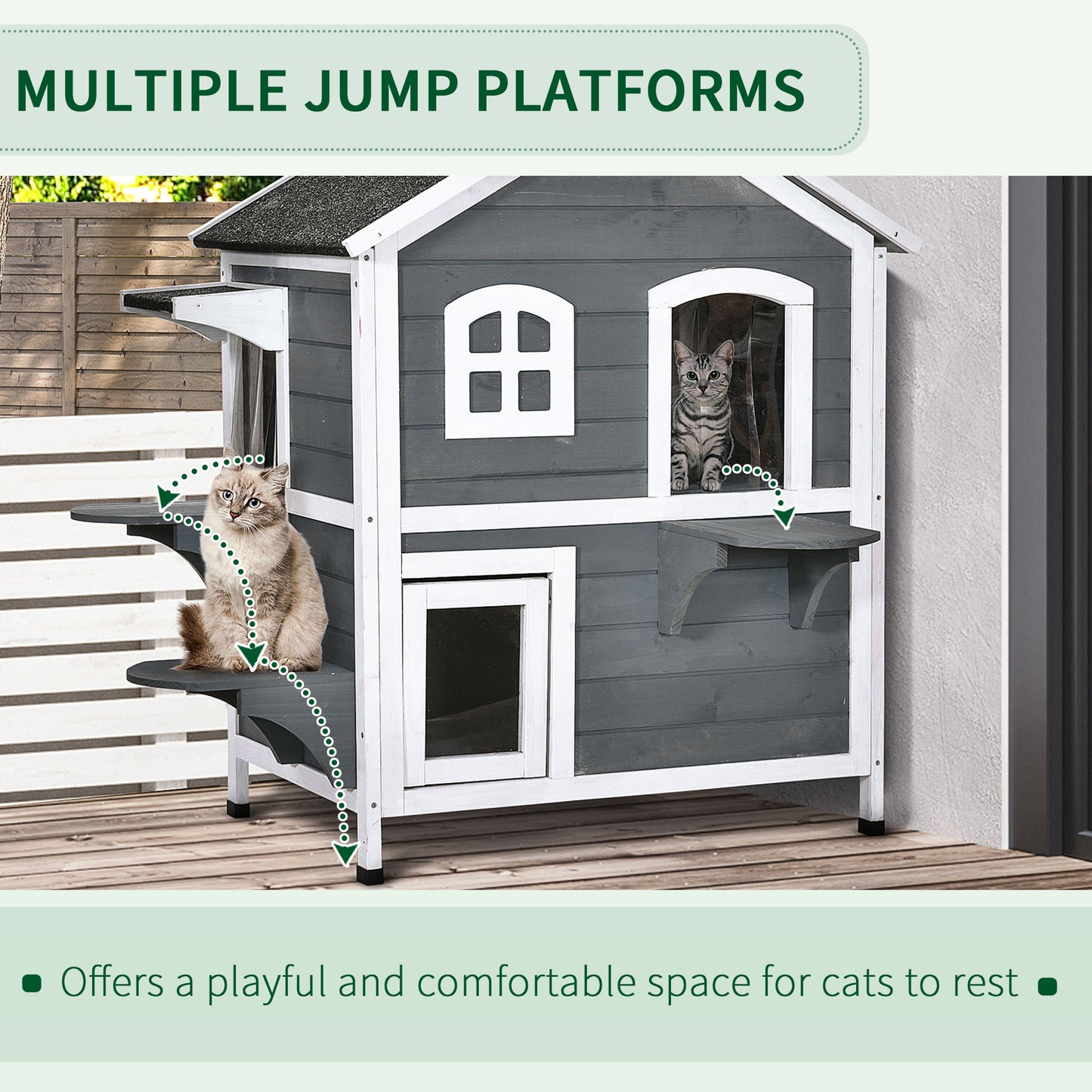 Gray wooden multilevel cat condo with two cats enjoying jump platforms