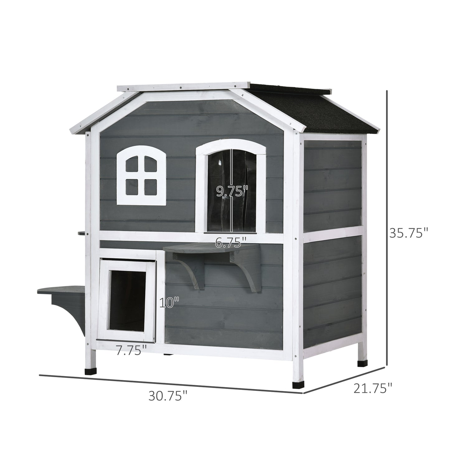 Gray wooden cat house with two levels and porch W x D x H