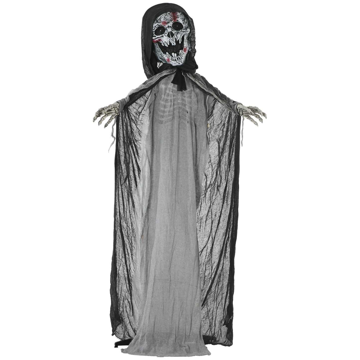 Scary Halloween grim reaper decoration with skeletal hands and tattered black cloak