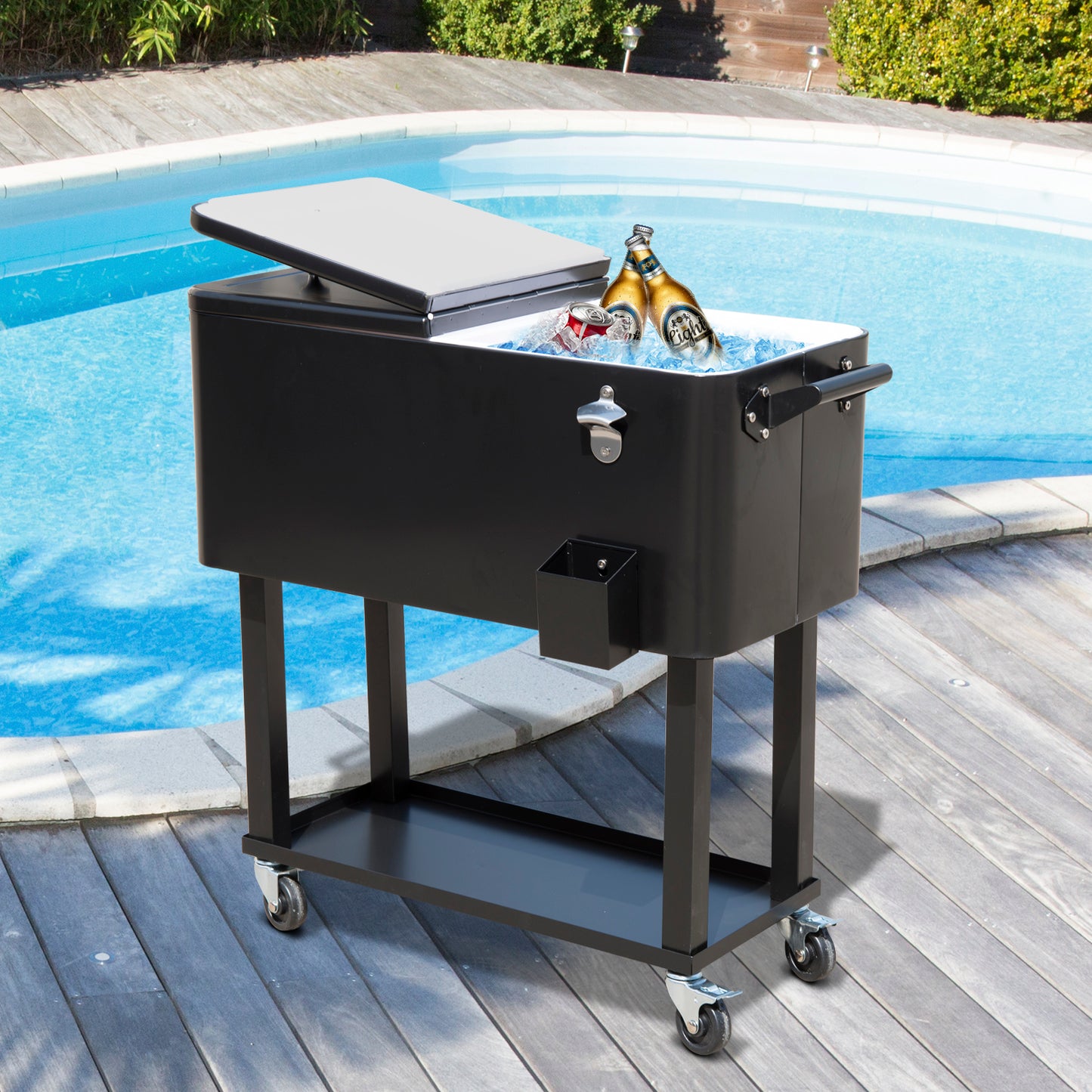 Black wheeled cooler cart with drinks on ice by a pool