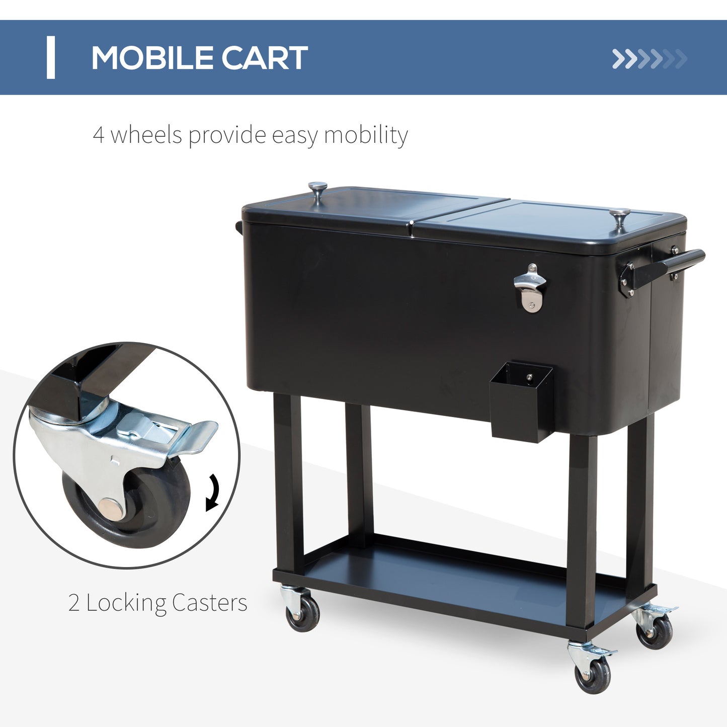 Black mobile cart cooler with two top lids and metal stand with wheels