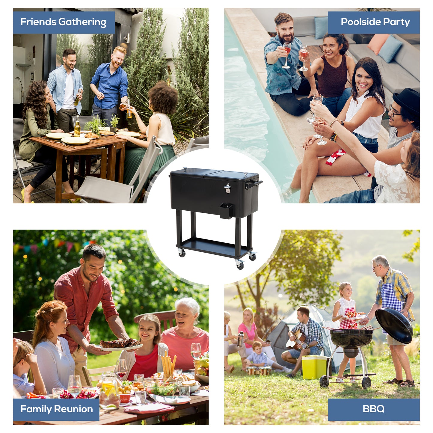 Black dualcompartment cooler cart with bottle opener and wheels ideal for outdoor parties