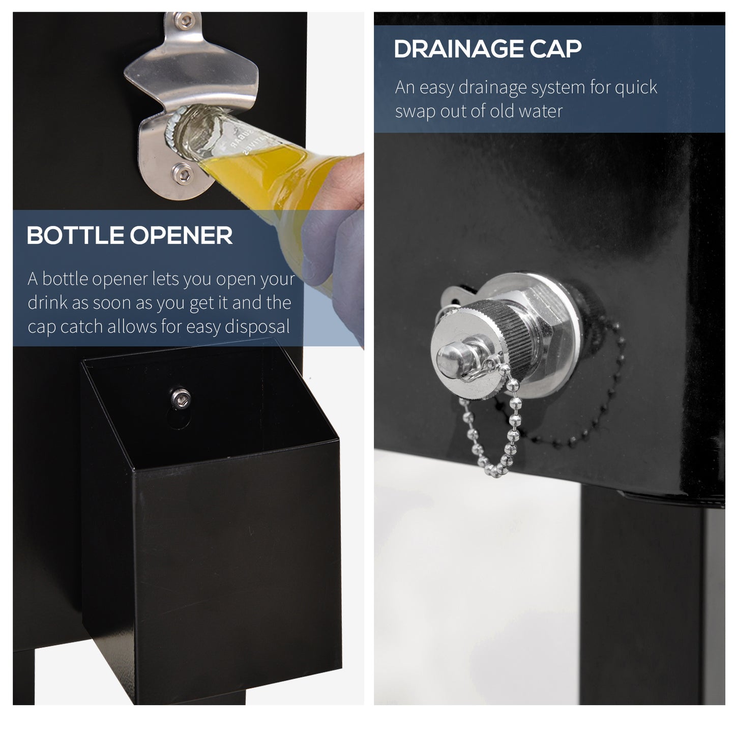 Black metal bottle opener with attached cap catcher for easy disposal