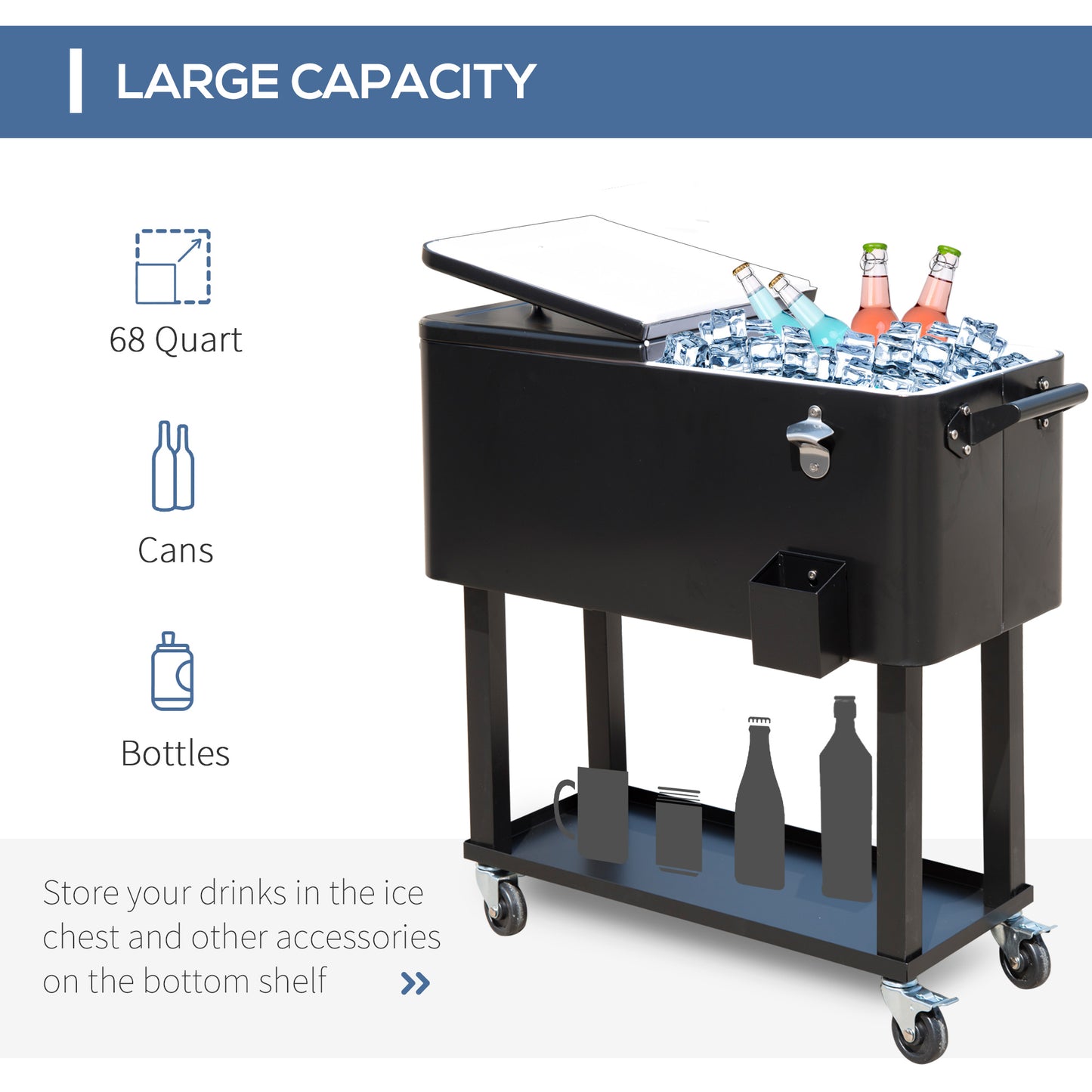 Black quart rolling cooler with ice bottles and builtin bottle opener