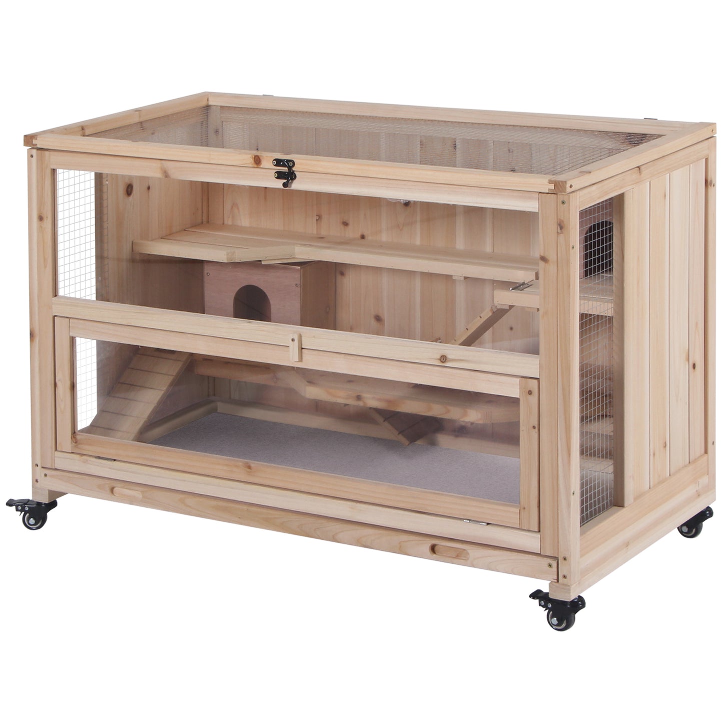 Natural wood small animal habitat with clear acrylic doors and multiple levels for enrichment