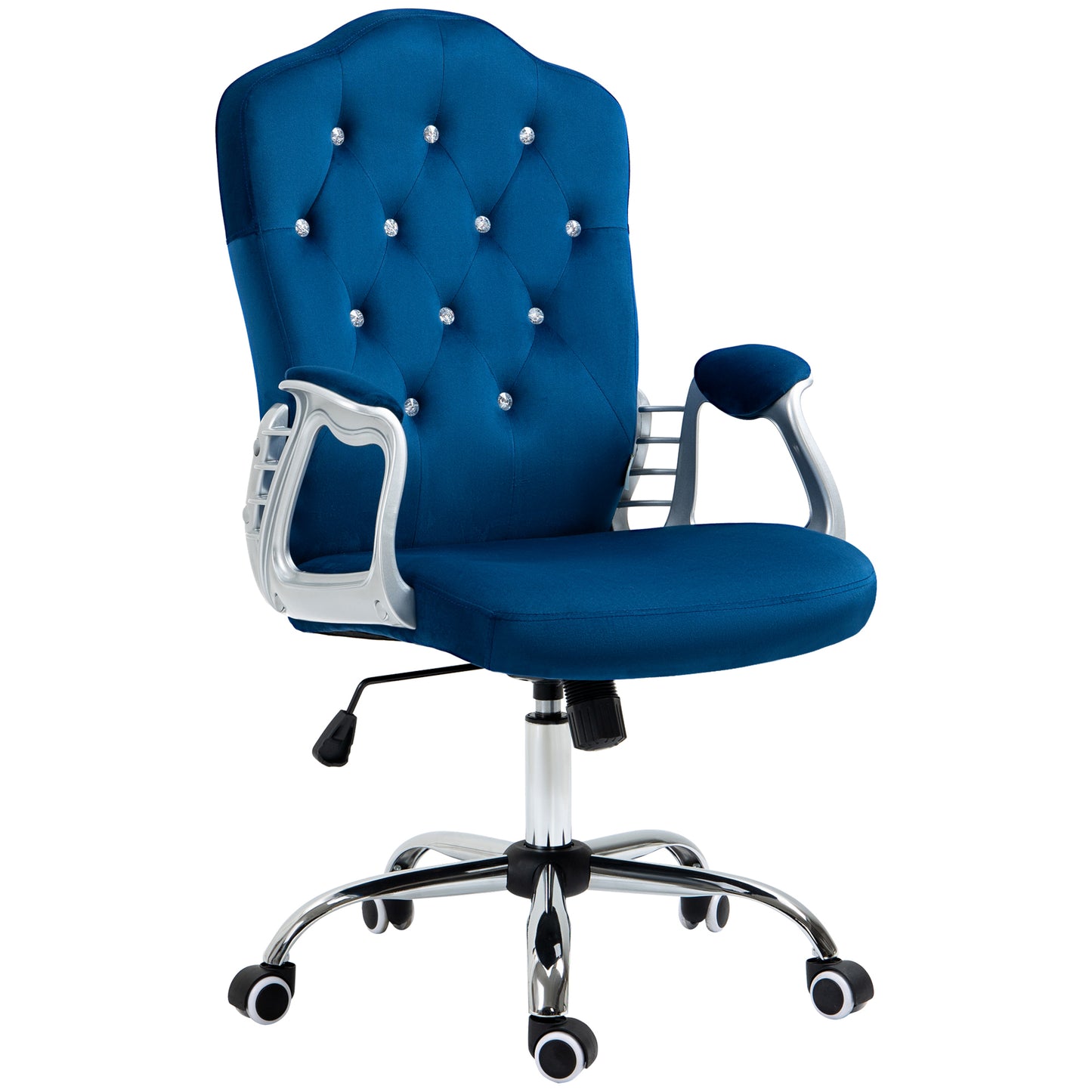 Luxurious navy blue velvet executive chair with diamond tufting and polished chrome accents