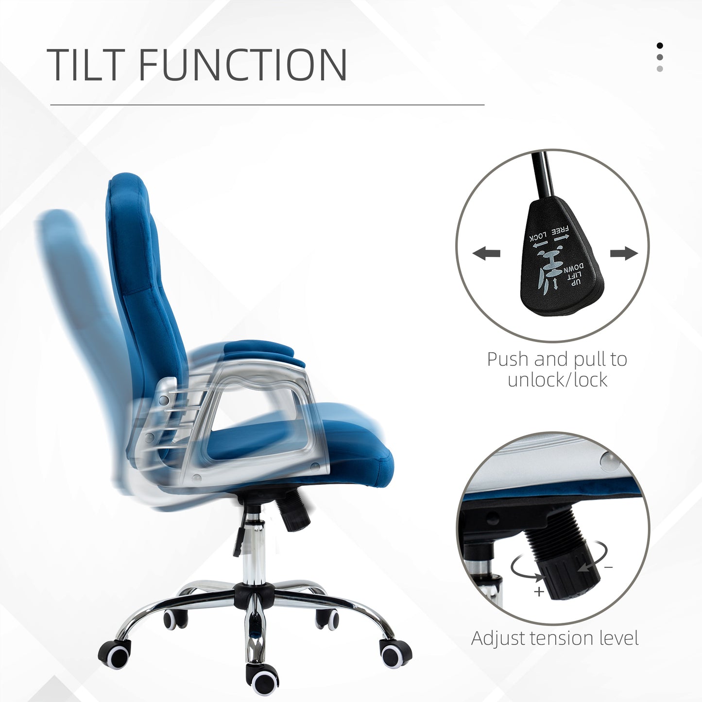 Blue ergonomic office chair with chrome accents demonstrating tilt function and adjustable features for comfort