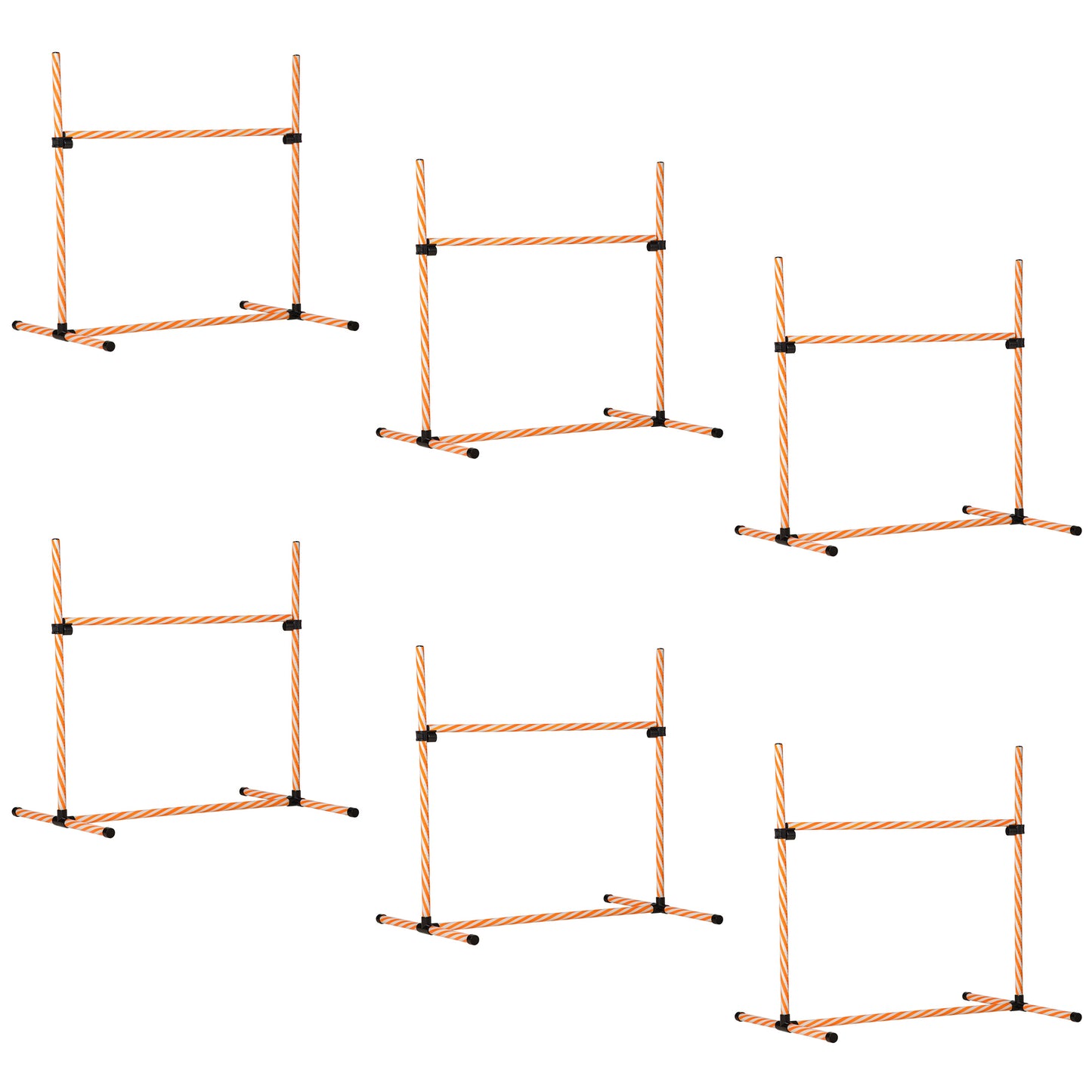 Set of orange and white striped dog agility hurdles with sturdy black bases