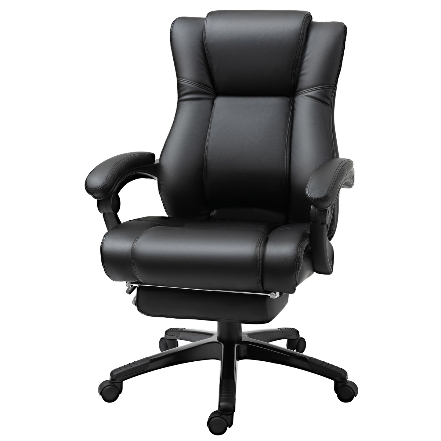 Ergonomic black faux leather executive office chair with padded headrest and armrests ideal for comfort