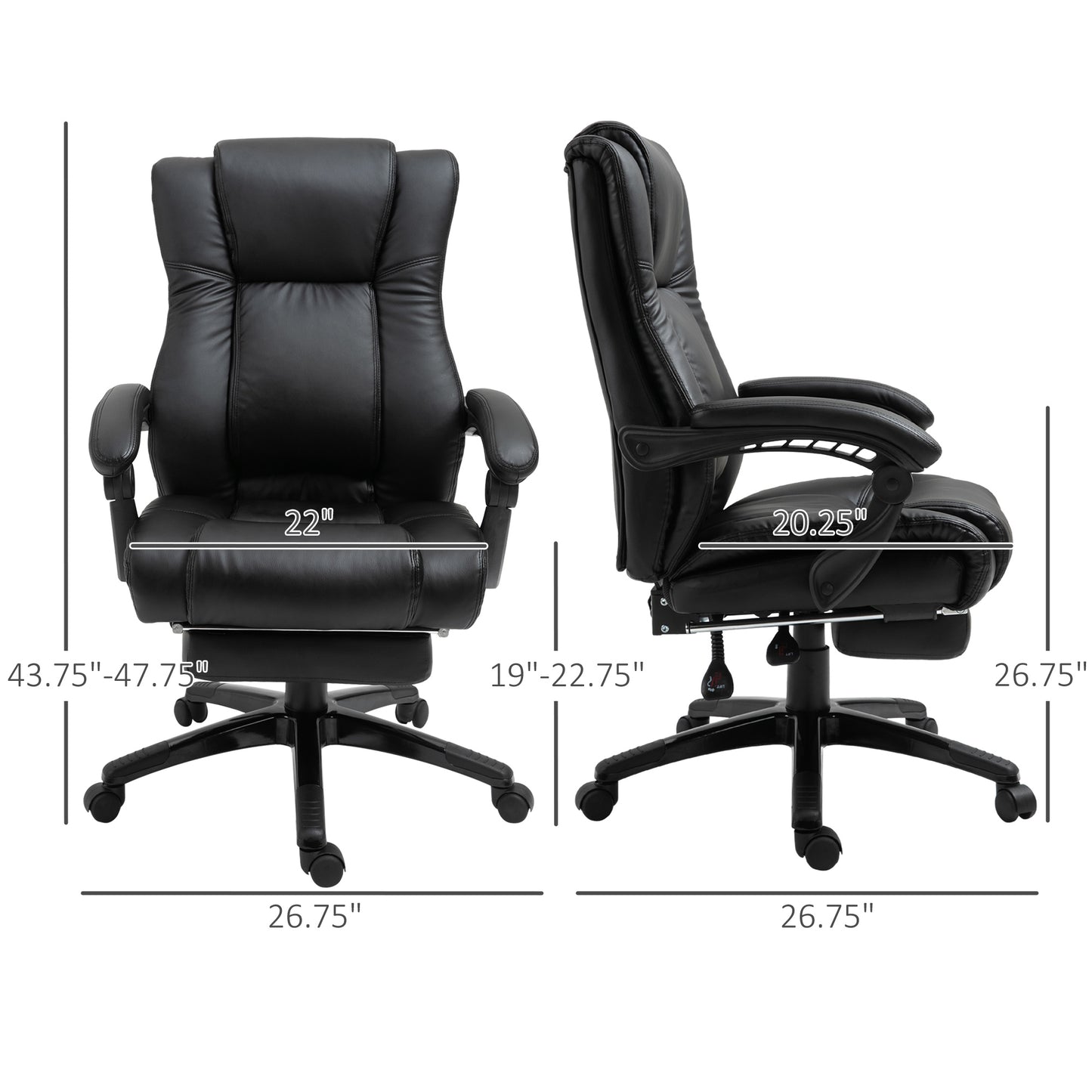 Plush black leather executive office chair with adjustable height and footrest for ergonomic comfort