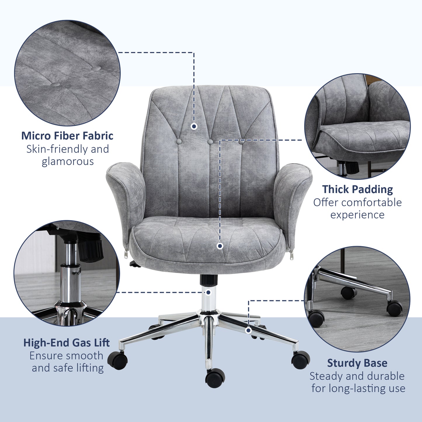 Grey microfiber fabric executive chair with thick padding and tufted details for comfort
