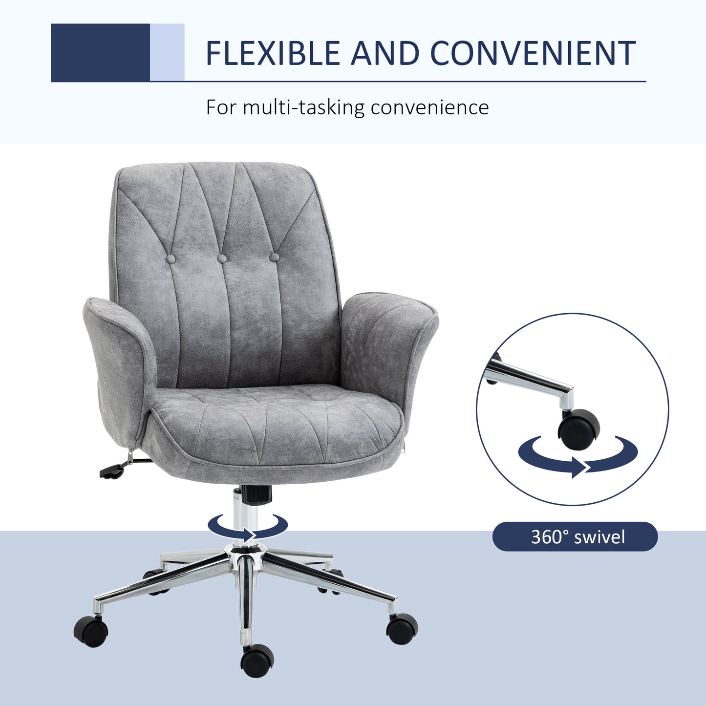 Grey tufted fabric office chair with wheels and degree swivel function