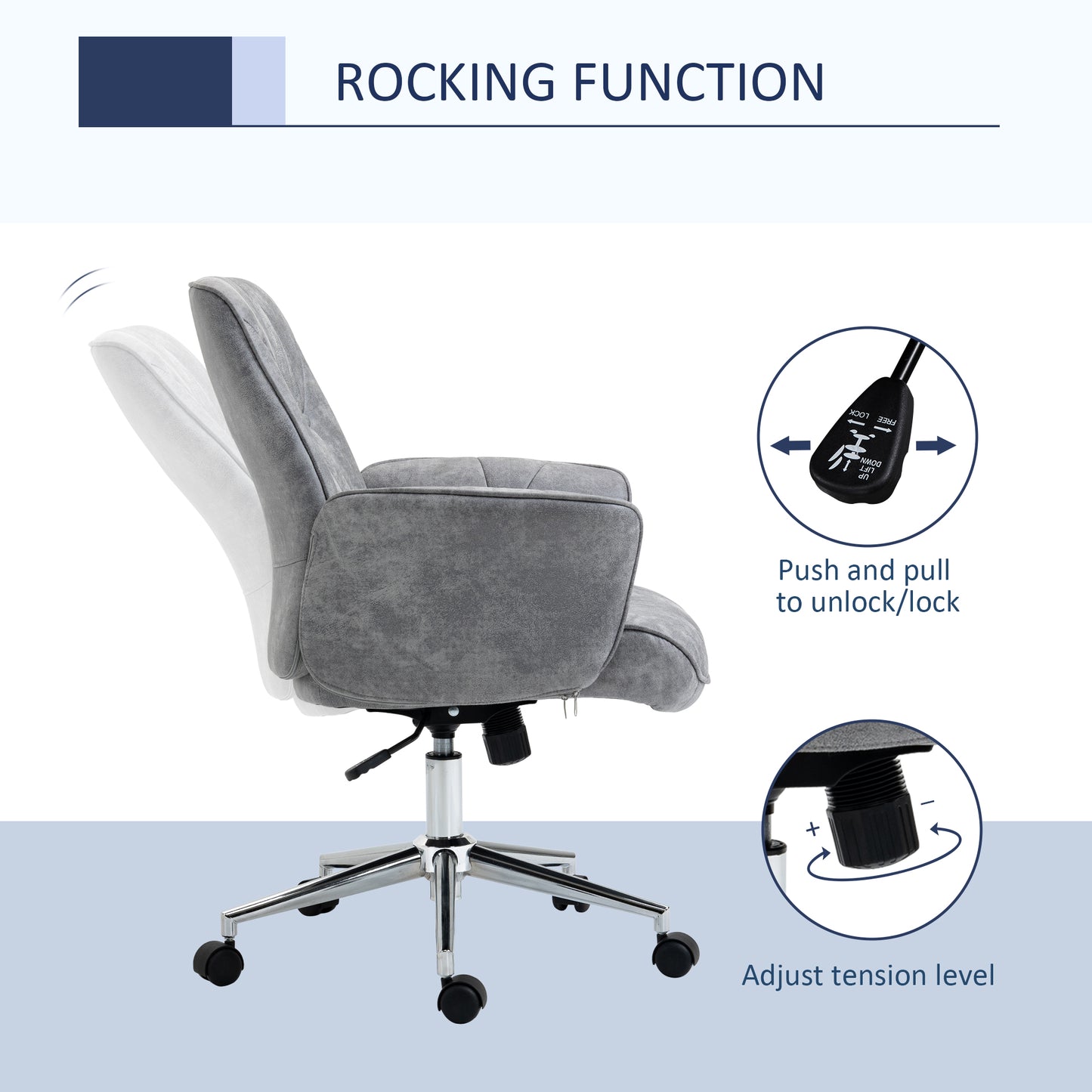 Gray fabric office chair with rocking function and adjustable tension control