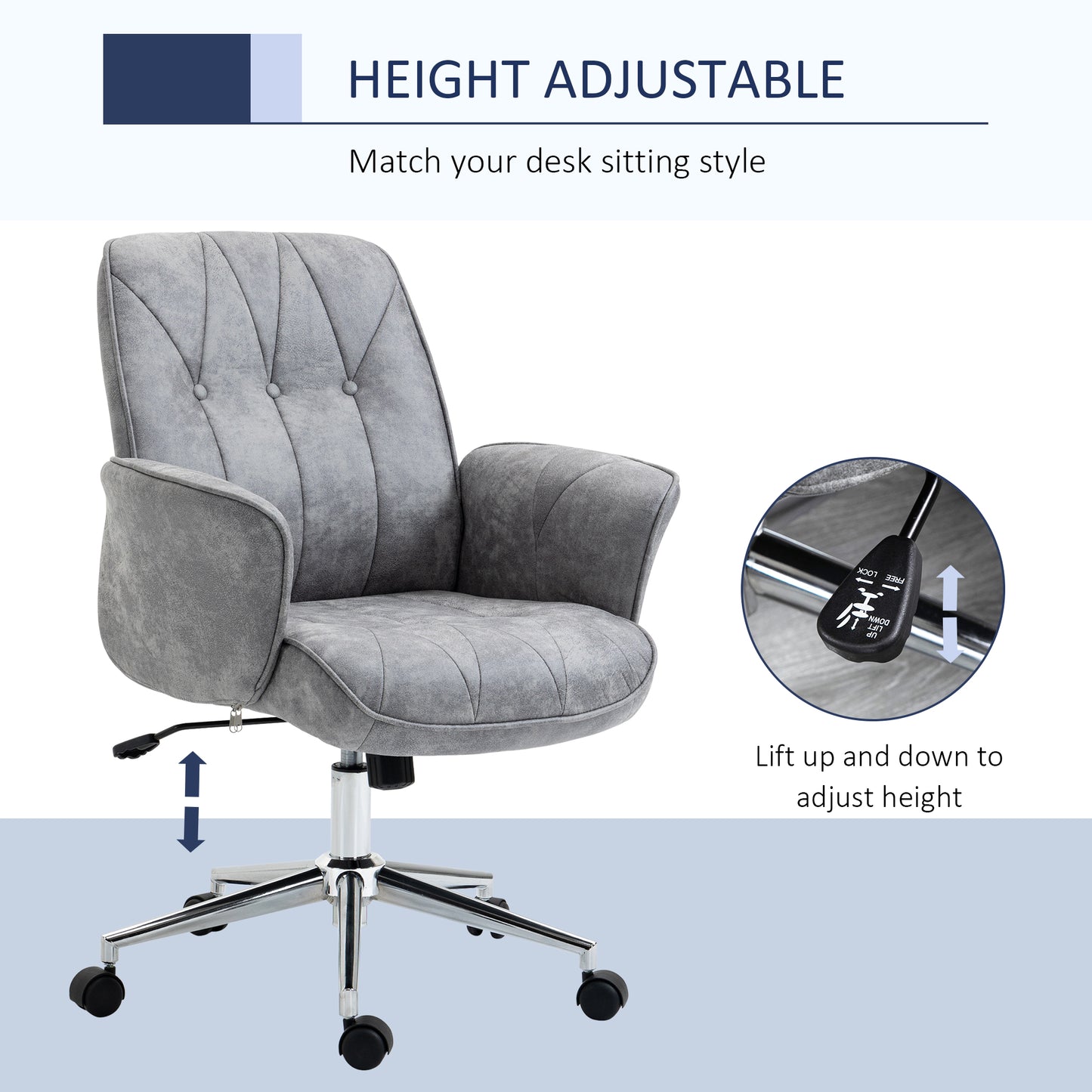 Gray upholstered office chair with tufted back and height adjustment lever
