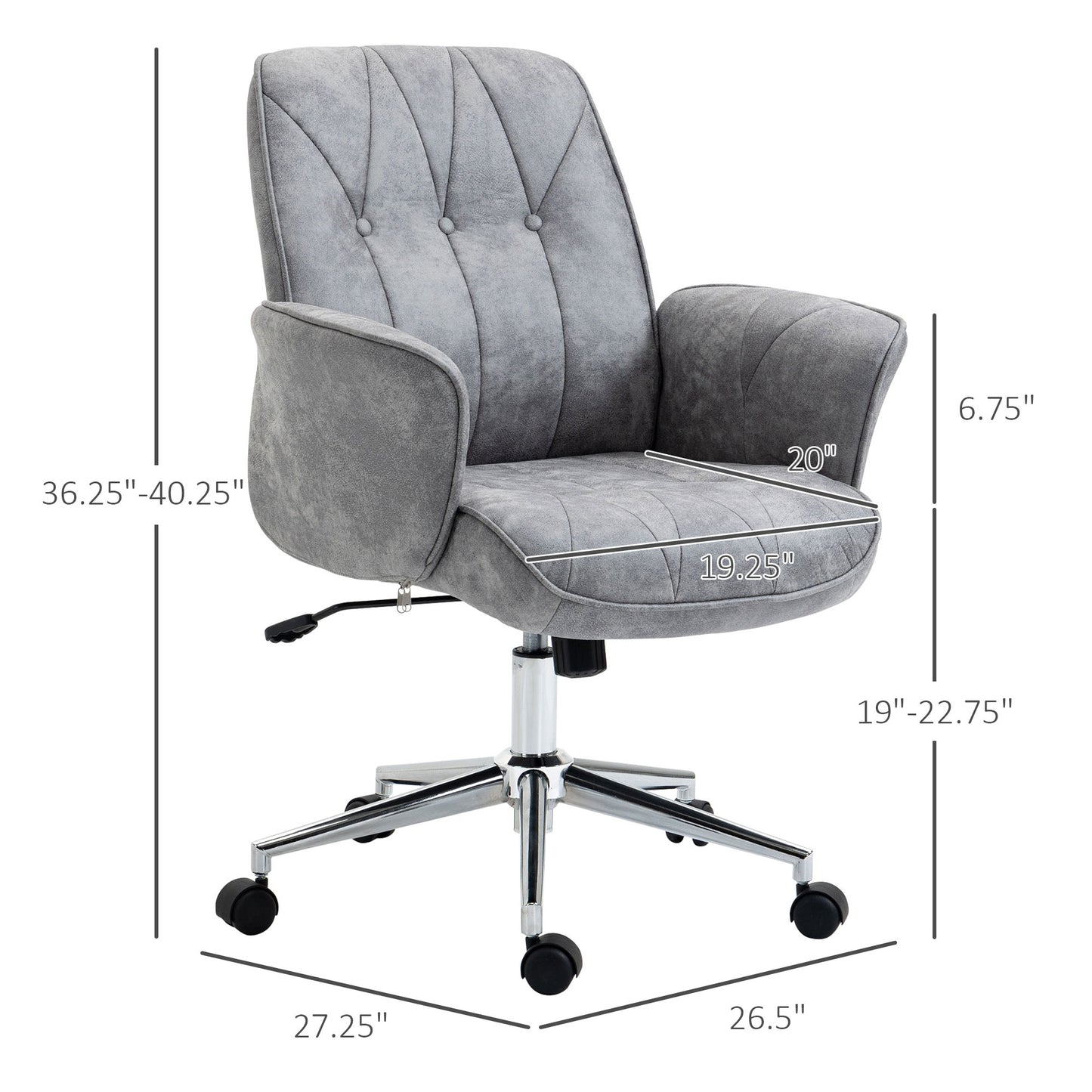 Gray tufted fabric office chair with adjustable height and casters suitable for modern home offices