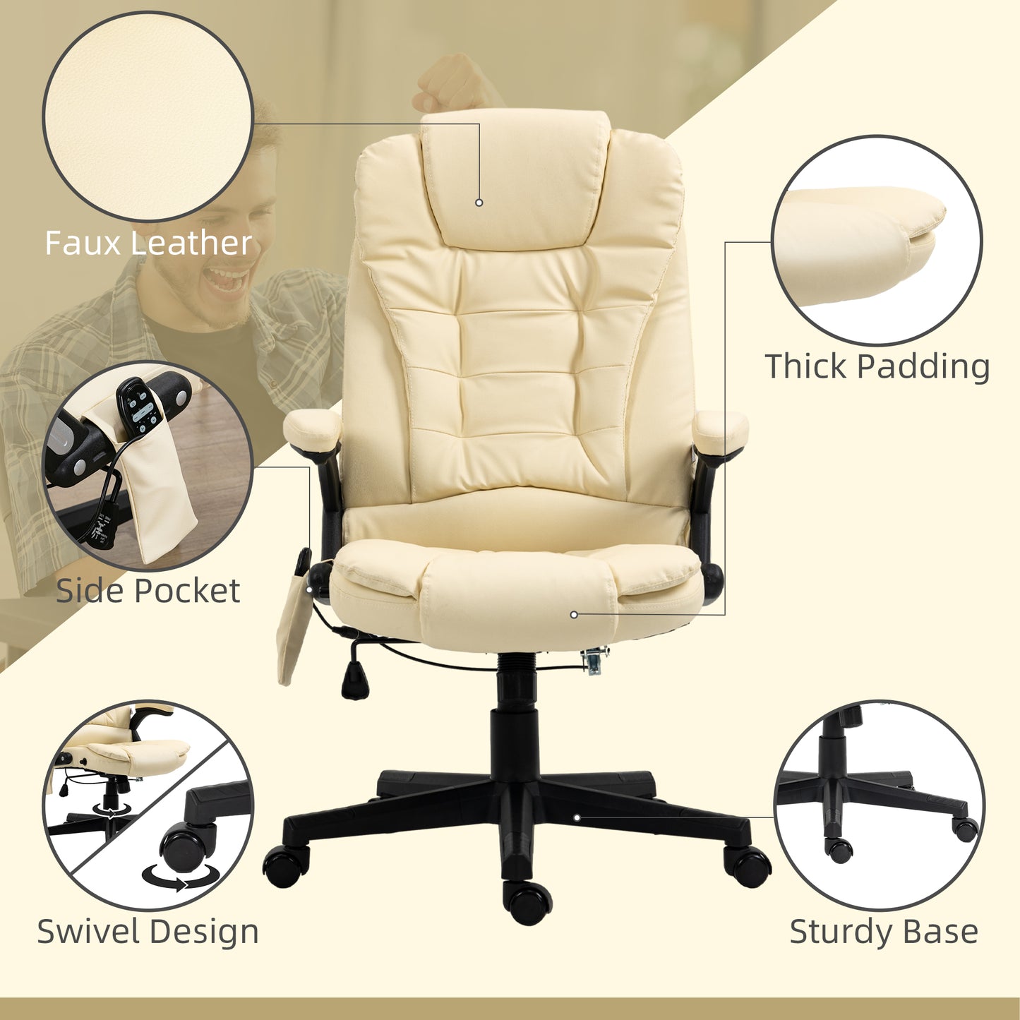Cream faux leather executive chair with thick padding and lumbar support