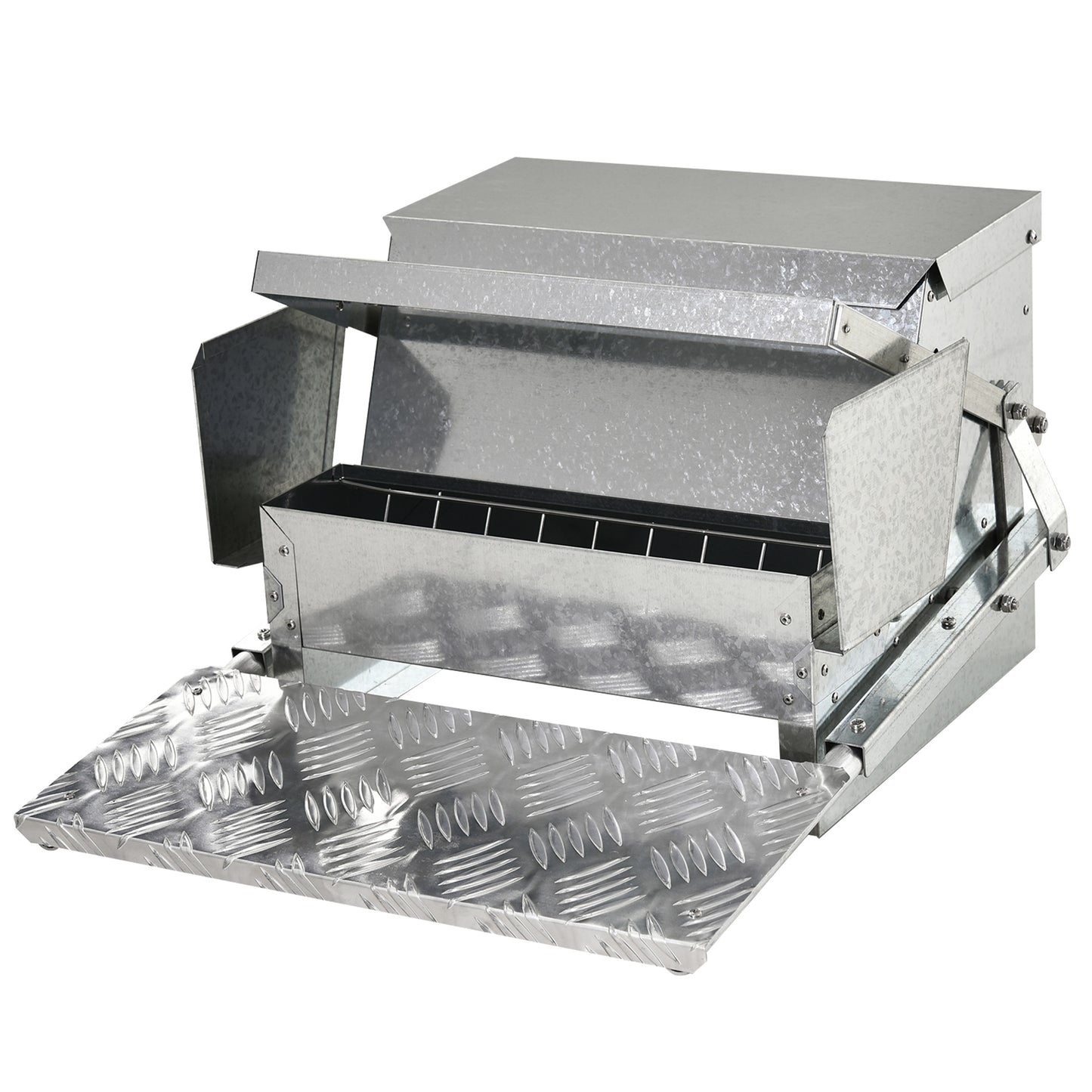 Galvanized steel automatic chicken feeder with tiered feeding trough for outdoor use