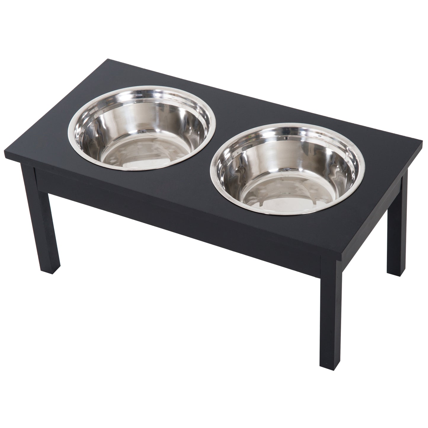 Elevated black dog bowl stand with two stainless steel bowls modern design