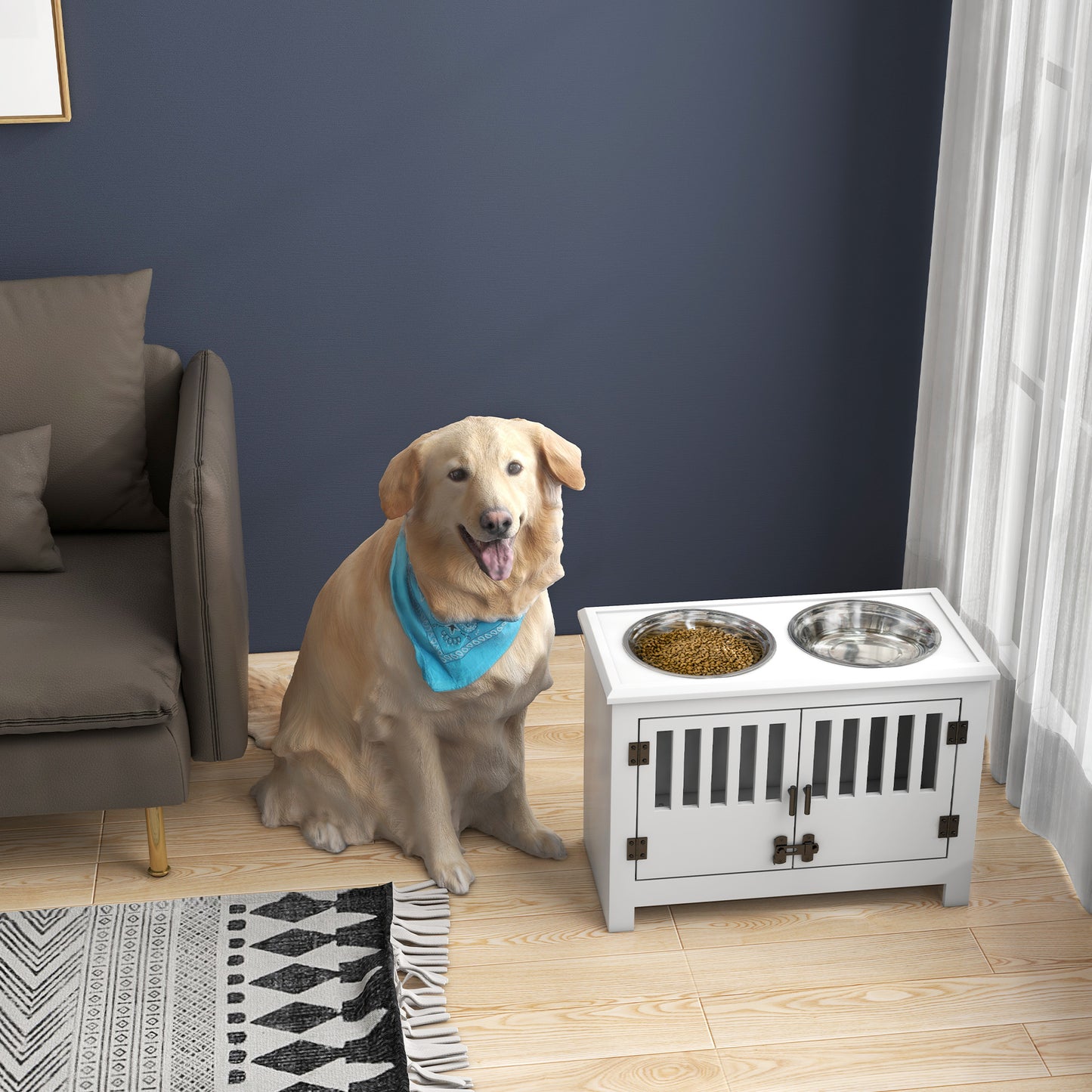 White raised dog feeder with two stainless steel bowls suitable for large breeds