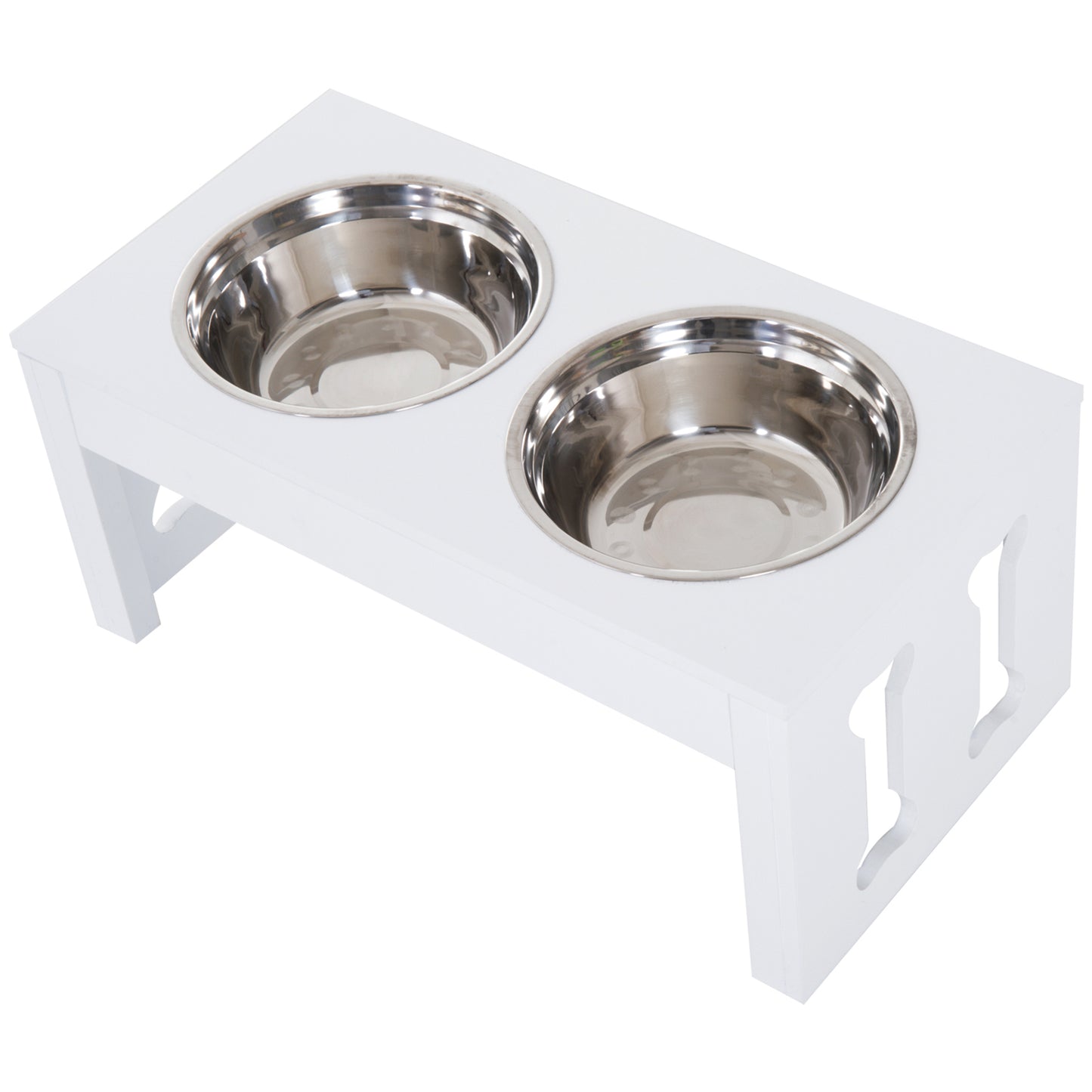 White elevated double dog bowls with stainless steel inserts for convenient pet feeding