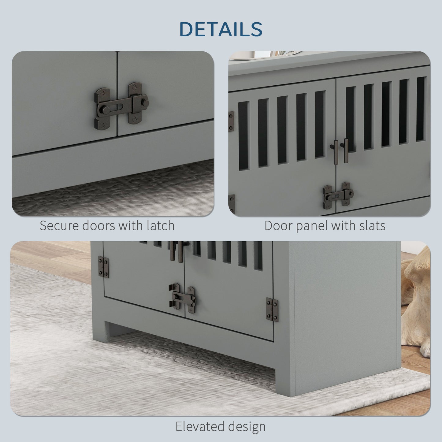 Gray wooden dog crate with double latching doors and slatted panels
