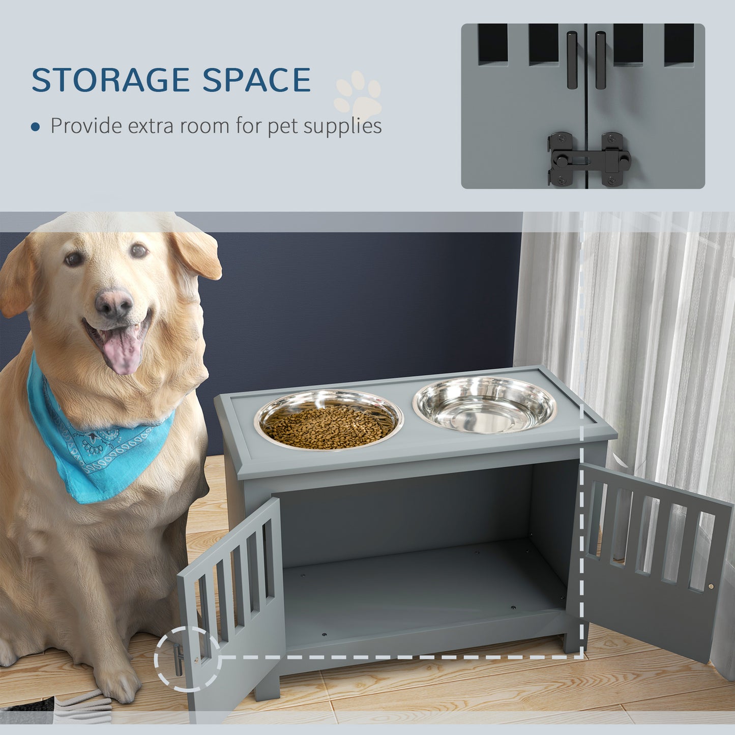 Grey wooden dog feeding station with two stainless steel bowls and storage cabinet