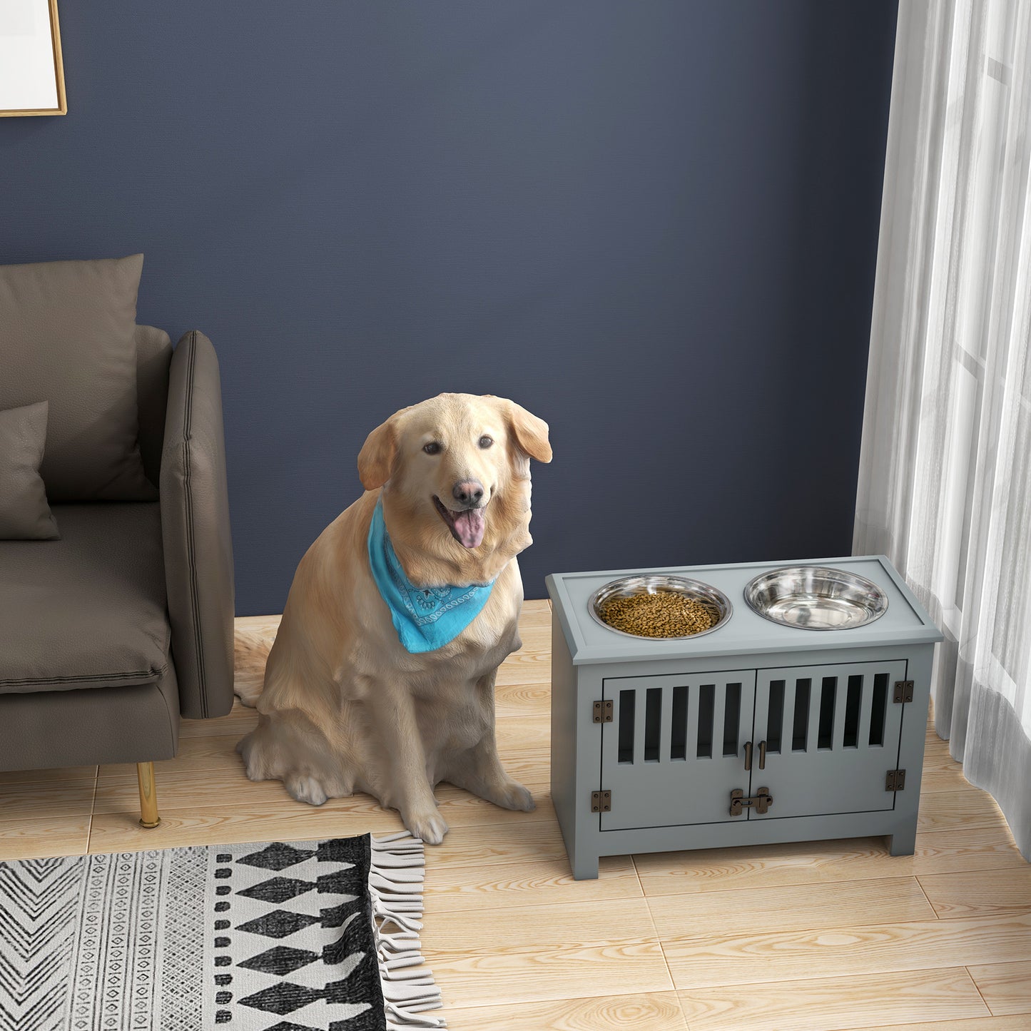 Grey raised dog feeder with stainless steel bowls and a golden retriever dog