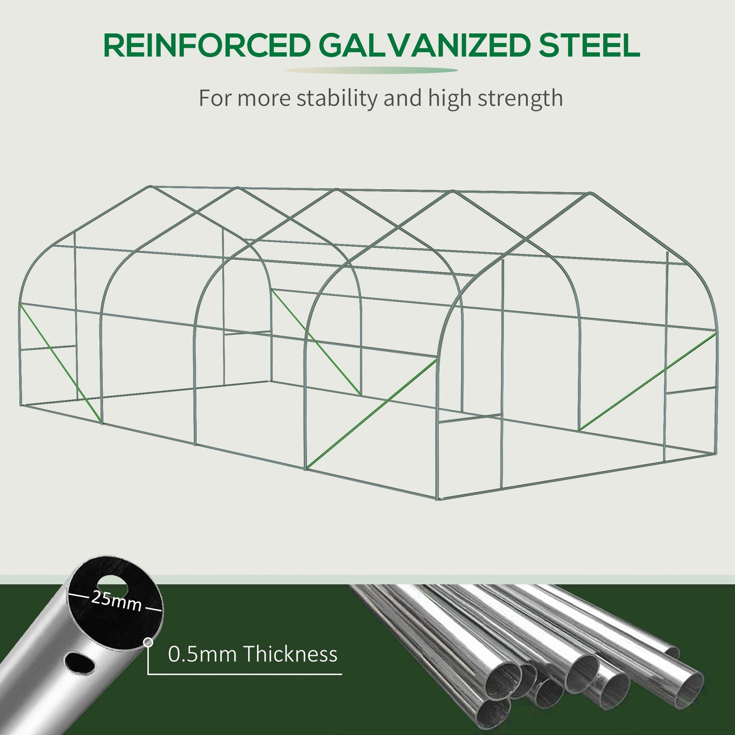 Wireframe diagram of a galvanized steel greenhouse frame mm diameter mm thickness