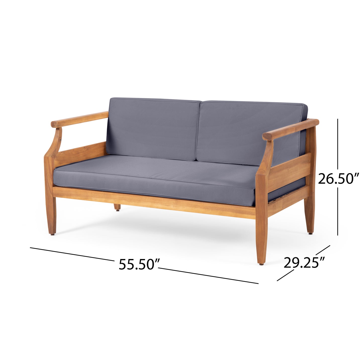 Wooden patio loveseat with plush gray cushions inches wide