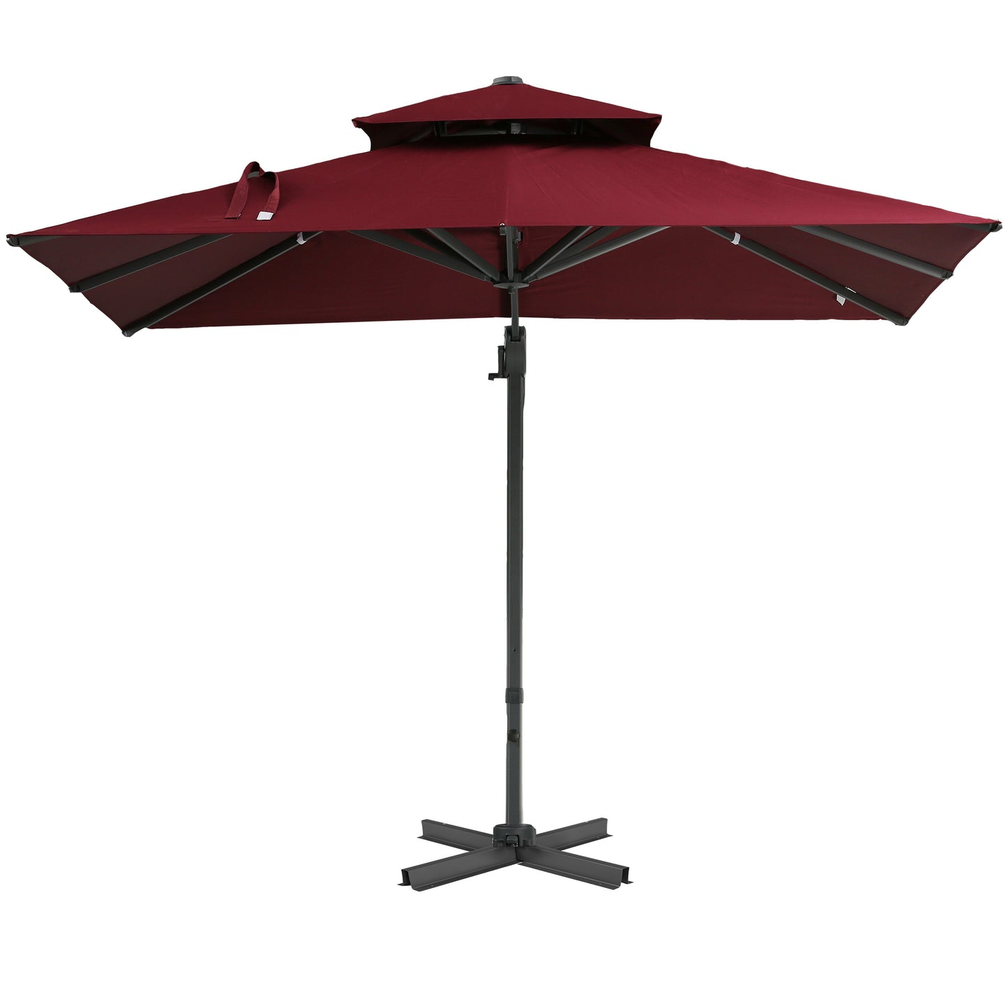 Burgundy patio umbrella with a doubletiered canopy and a black metal base for outdoor shade