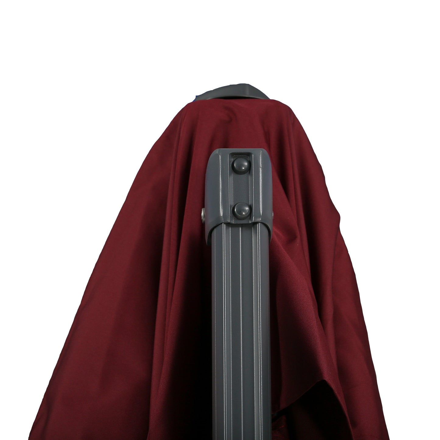 Burgundy patio umbrella fabric with grey ribbed pole and button mechanism