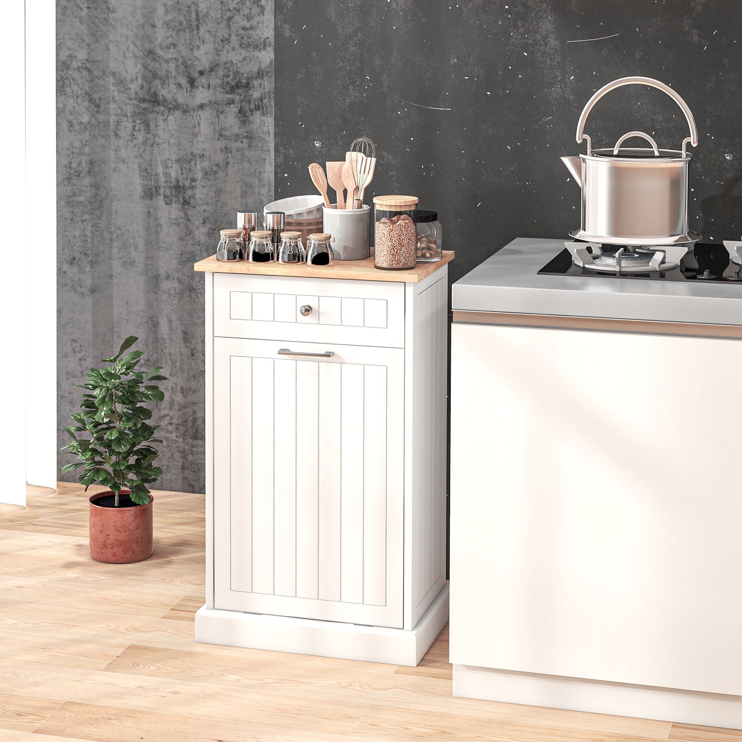 White kitchen cart with pullout bin and wooden top holding spices and utensils