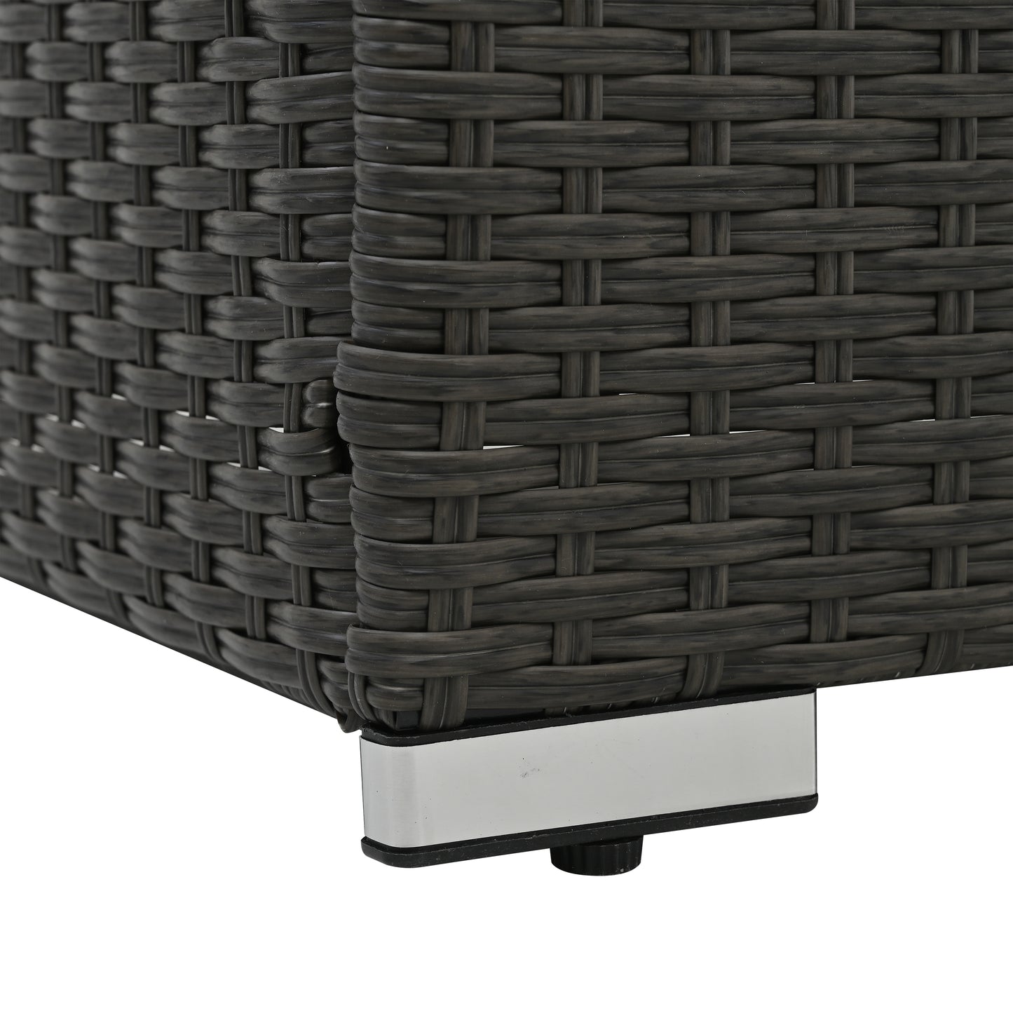 Dark gray wicker furniture corner with brushed metal leg and adjustable foot