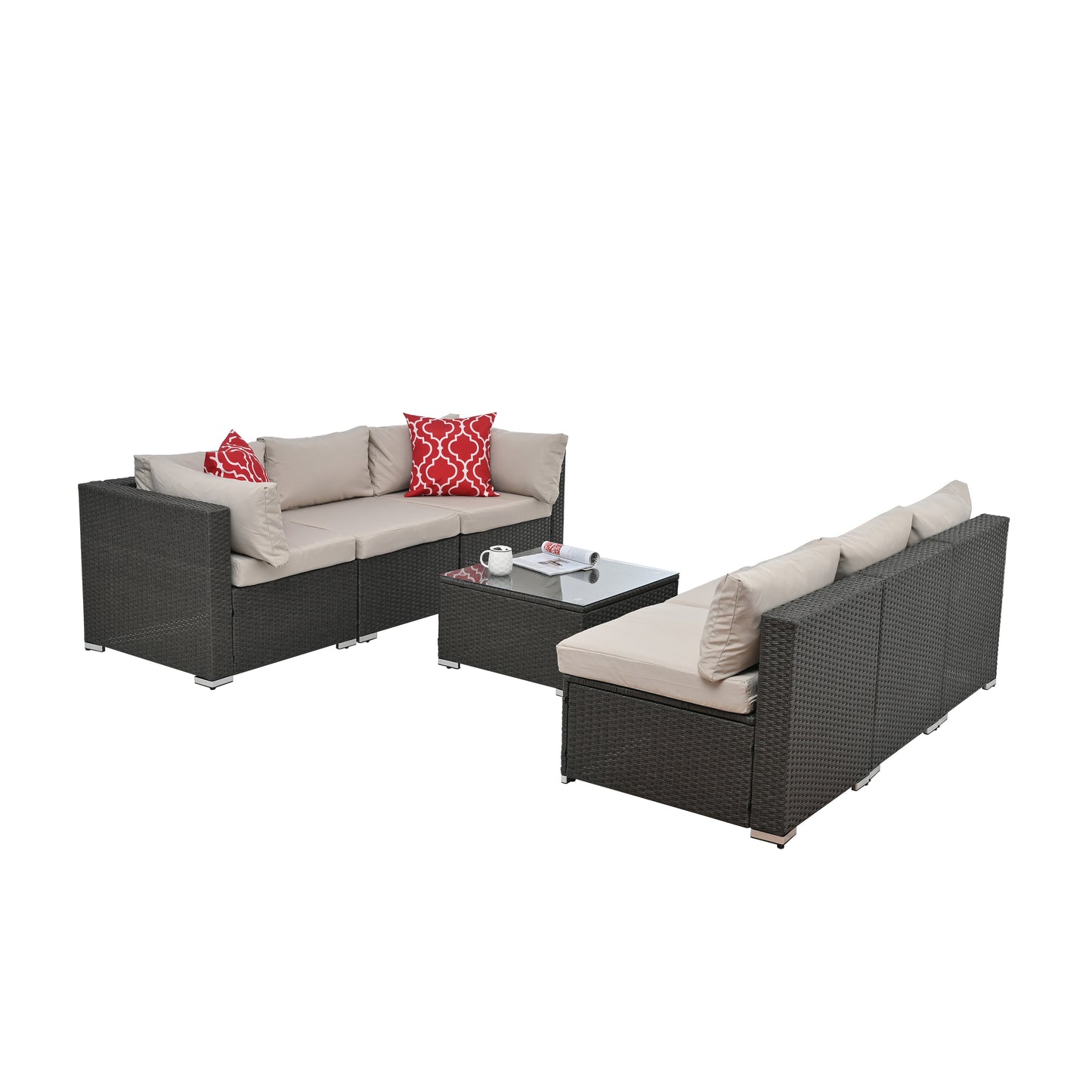 Dark gray wicker sectional patio sofa with beige cushions and red patterned accent pillows