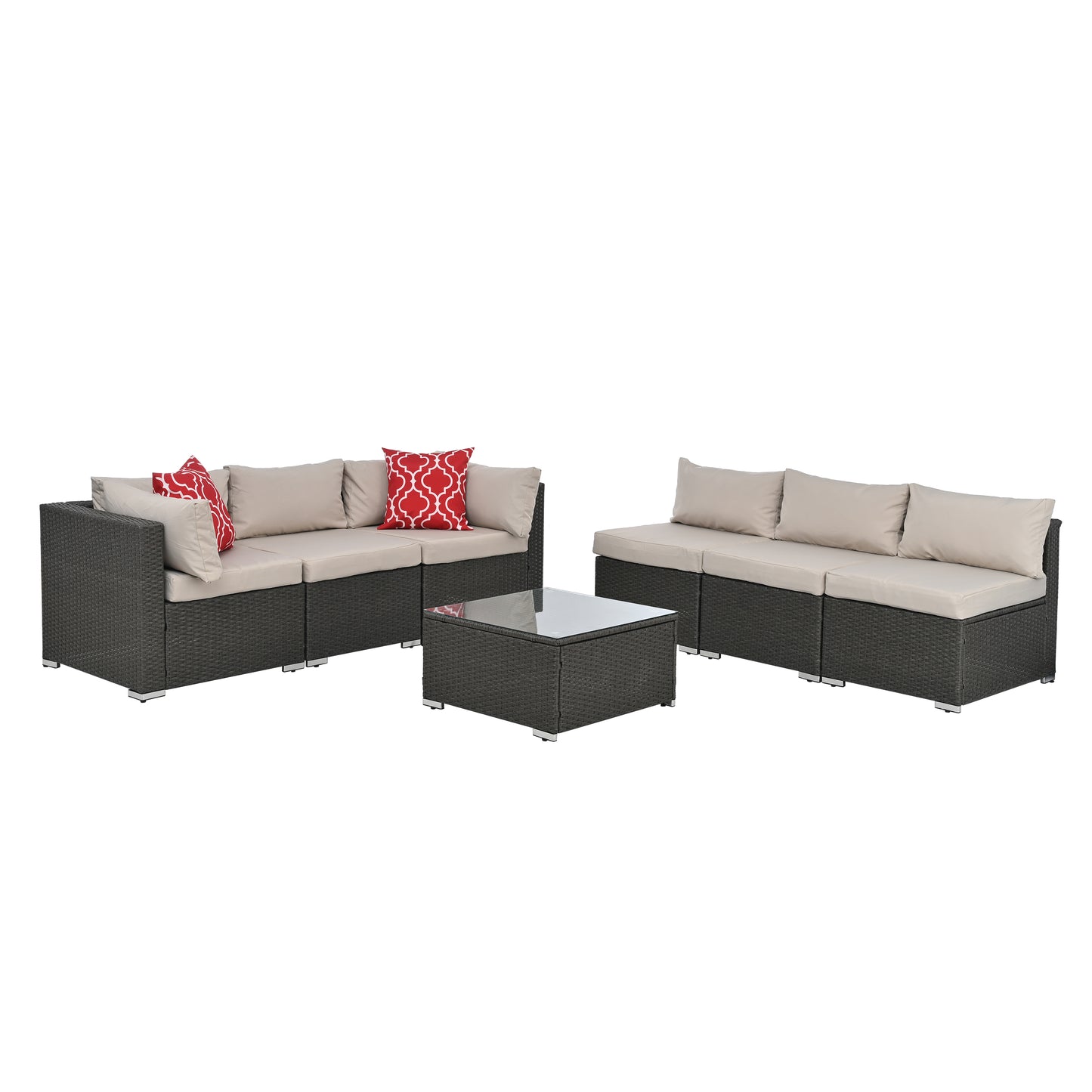 Dark grey wicker sectional outdoor sofa with beige cushions and red patterned throw pillows