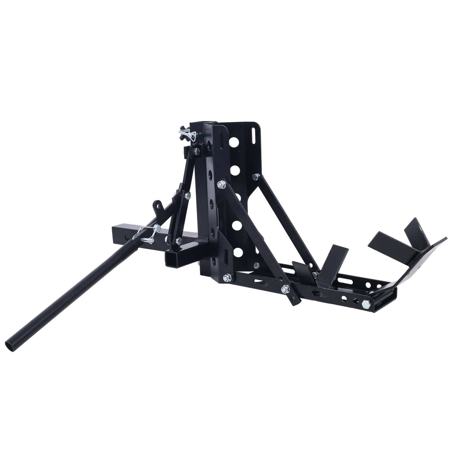 Black steel trailer hitch motorcycle wheel chock with locking arm for securing bikes